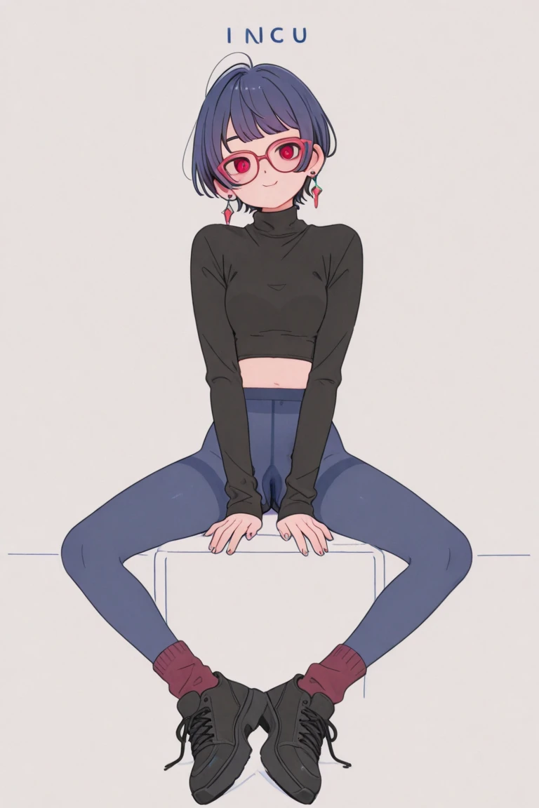 single angle, one girl, light orange skin, oval face, slightly thin black hair, blue inner color, bob cut, not trimmed hair, large blue eyes, small pink pupils, Open eyes, round ears, flat chest, sleeveless white business shirt, shirt out, wide cuffs, wide leg plain black shorts rolled up cuffs, white socks, black choker, Red sneakers, wearing tight black leather gloves on his right hand up to the wrist, wearing tight black leather gloves on his left hand up to the wrist, plain white left chest pocket, collar wrap,White buttons, 1 super tight black armlet on the right upper arm, Nothing on the left upper arm,wearing a white watch on the left wrist, Long eyelashes ,Black under-rim glasses, thin oval eyes, thick upper arm, blue french braided behind right ear, no right side bang, thick outline, , dotted mouth, straight bang, simple background, hands on own chest, smiling