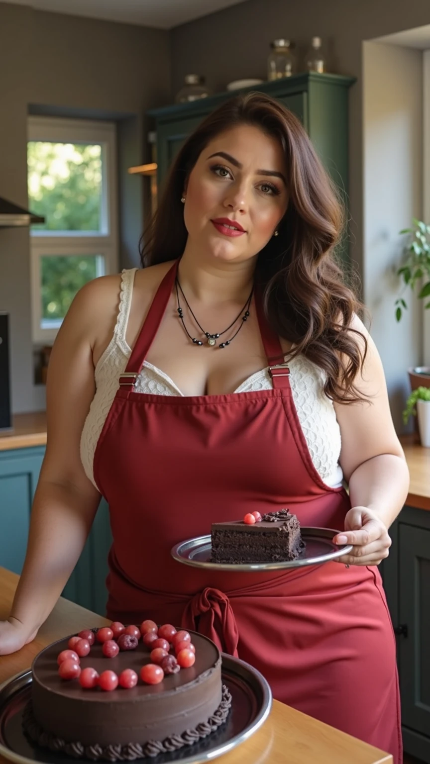 Chubby, thicc, beautiful face, ruby red hair, red eyes, ruby red lips, large chest, chubby, thicc waist, thicc thighs, red apron, white shirt, (bakery shop background), (moonlight night)
