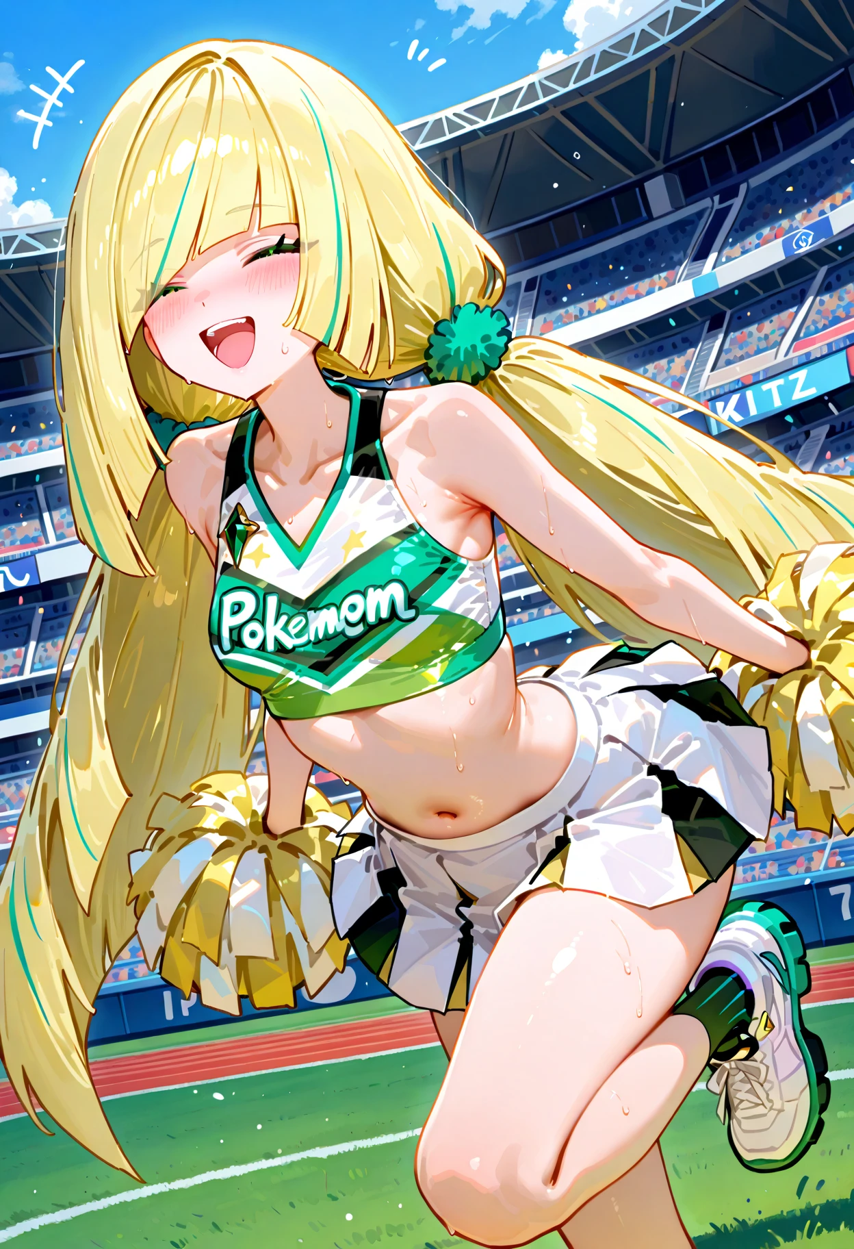 1 girl, game CG, see-through sleeveless blue gym uniform, belly button visible, short white skirt, hair scrunchie, gigantic breasts, blonde, middle hair, side ponytail, green eyes, outdoor, jumping, sweat, smile, open mouth, raise your arms,