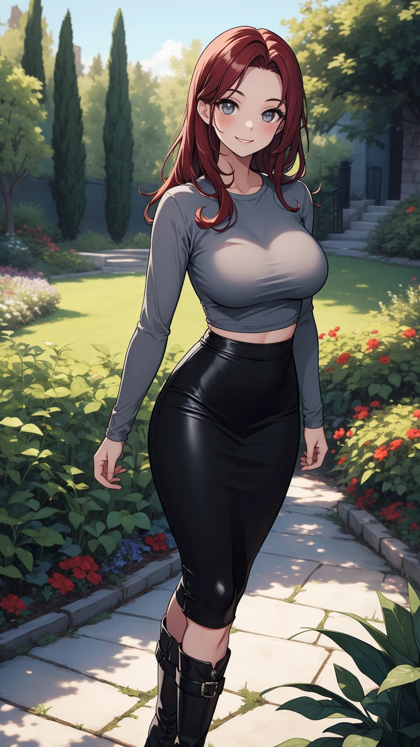 masterpiece, best quality, 1girl, beautiful business woman with wavy hair, brown hair, large bust, cleavage, wearing black tank top cropped and red midi pencil skirt, long skirt:1.3, midriff, belly button, sneakers, necklace, bracelet, summer, garden in the city, looking at viewer, light smile, full body, leaning forward