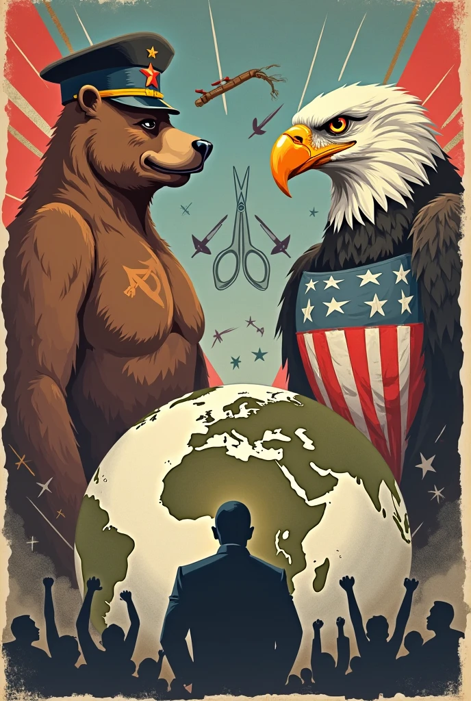 Create a cartoon about the Cold War, containing ideologies of the USA and the USSR Do this without any speech, letters or words