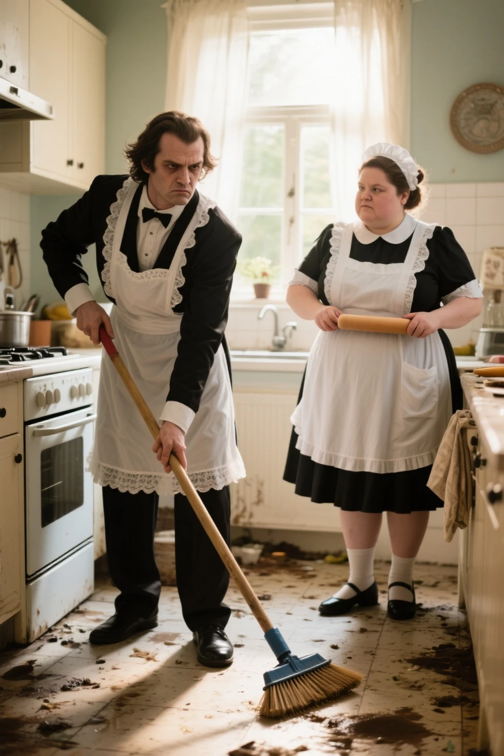 ((Full body photo of a woman dressed as a maid and an old man)). "She has red hair, green eyes, maid's headdress on her head, "he is bald, strong body wearing, he is wearing teddy bear pajamas in blue color, he is beside her with his hand on her waist". "She has the flushed face heavy makeup on face red lipstick", both are in a hotel room opposite the exit of the room
