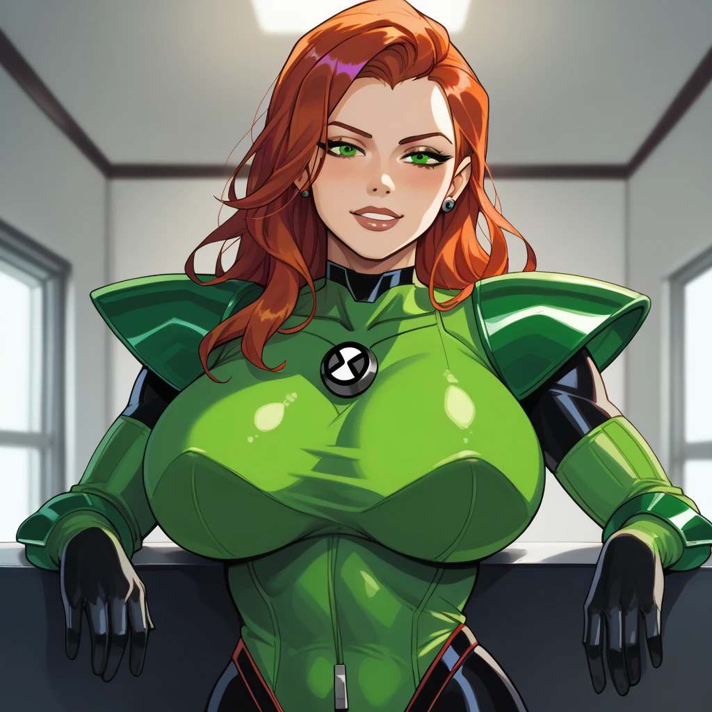 latin women,red long hair, glasses, dark green latex BLazer Officer Uniform,vlecage, dark latex green Trousers, big breast, standing in a command room