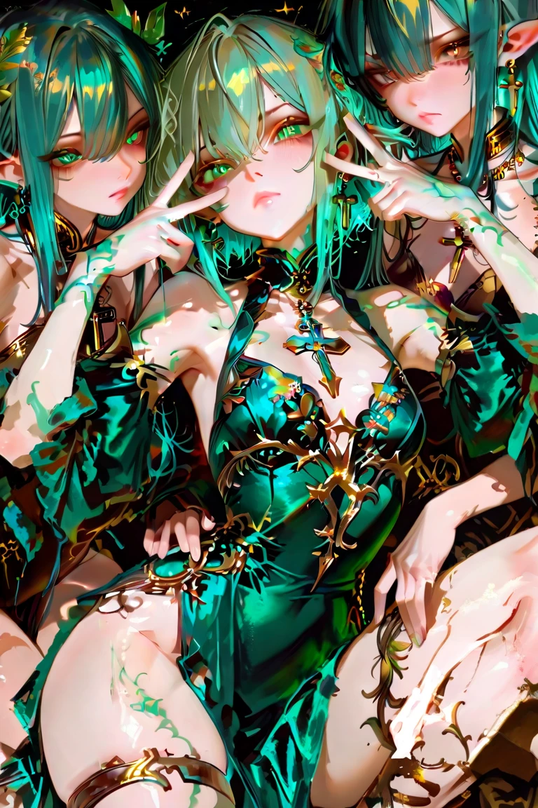 elf woman(only one) white skin with green hair similar to gardevoir red eyes open black victorian dress like mega-gardevoir good figure pretty milf woman