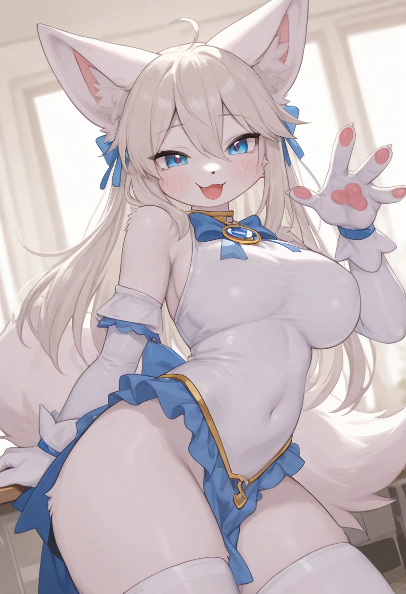 best quality, best resolution, (fluffy anthro furry), arctic fox girl, silver hair, blue eyes, (white fur), long straight hair, fox ears, big breast, sophisticated manner, (black leotard, giant cat paw gloves, headband with plastic cat ears, fake cat tail), kneeling, mansion bedroom, clawing, embarrassed
