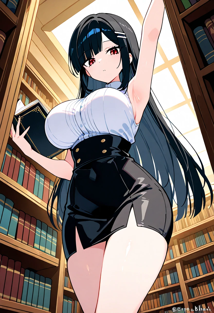 masterpiece, best quality, expressive eyes, perfect face, a man get transformed into a MILF, solo, surpriced, blushed, black hair, long hair, red baseball cap, brown eyes, full body, bare foot, naked, in a library , chubby, big breast . pussy, shining magic wand.