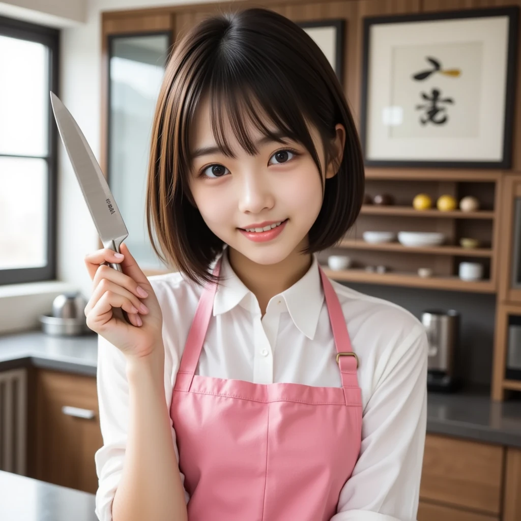 a closeup, masterpiece, top-quality, Raw foto, Photorealsitic、Take photos from the material being cooked、unbelievable Ridiculous,A faint smile、 beautiful a girl, White T-shirt、pink apron、In the middle of the meal、tasting、Half-up hairstyle、Medium size breasts、Hair fluttering in the wind、Open kitchen、depth of fields, hight resolution, ultra-detailliert, finely detail, ighly detailed, extremely detailed eye and face, Sharp pupils, foco nítido, Cinematic lighting