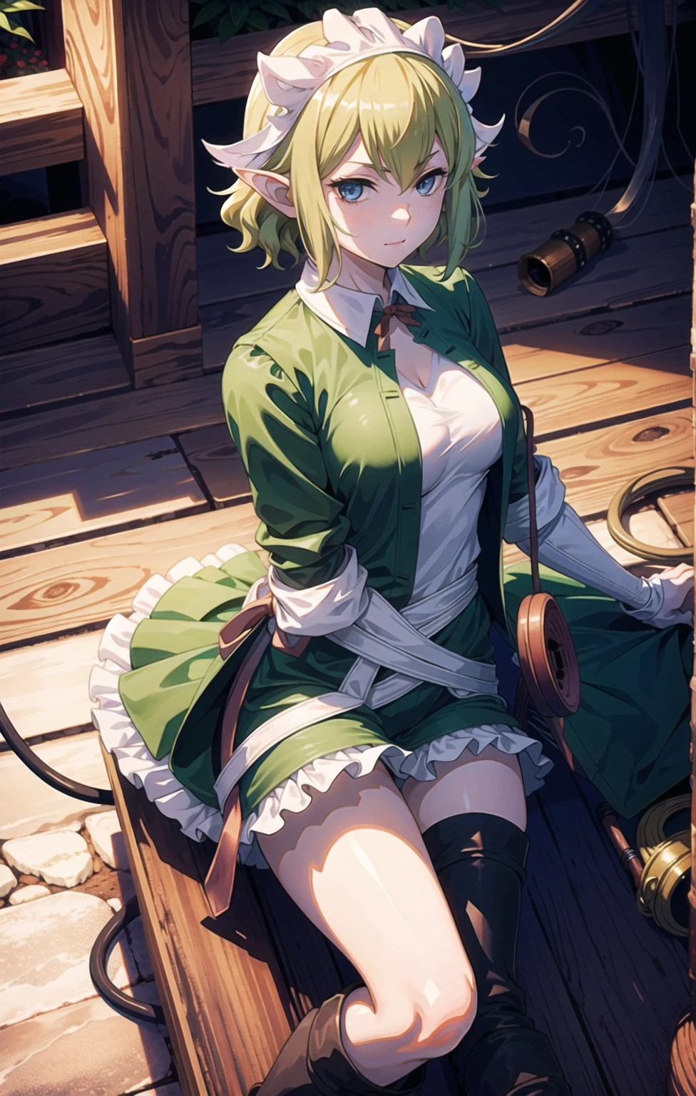 highest quality, one person,Tabletop, 超A high resolution, Ryu Lion, Green shorts, Green Boots, White shirt, Green Cape,Military Maid