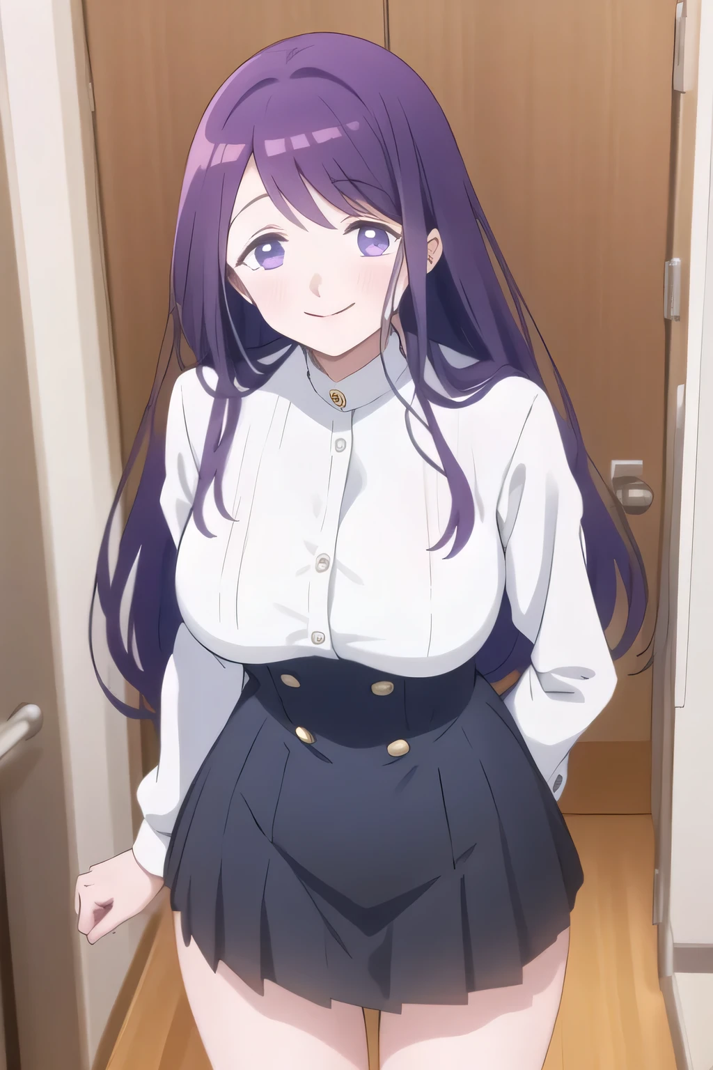 city tour ,More scantily dressed women,The pleated micro mini skirt,Beautiful legs,high heels,cowboy angle under,すらりと細いウエストにBig breasts,Even if my breasts are big and my waist is thin,Slender Woman,Purple Long Hair,uniform ,Can you draw a nice smile,,High School uniforms,navy blue miniskirt,,OL ,Inside the building,Let's draw a more delicate expression,A woman with a lovely smile,Prioritize a delicate look, so I definitely need a face,Can you draw a nice smile even if my breasts are big and my waist is thin,beautiful legs,should accurately depict the sexy limbs of a 20-year-old adult,Big breasts, ,The Beginning, delicate expression is required,