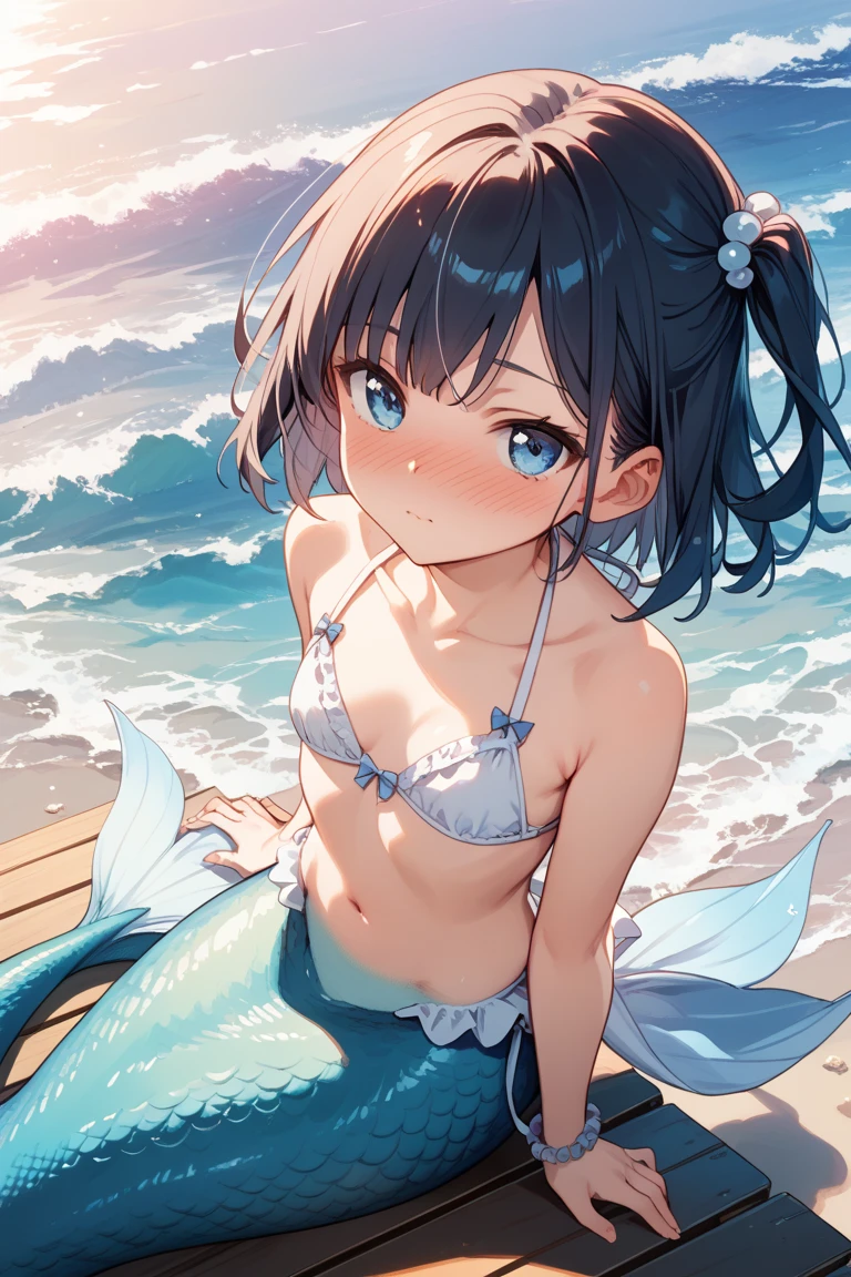masterpiece, best quality,  <lora:Wakasagihime:1>,1girl, mermaid, head fins, monster girl, solo, breasts, shell bikini, blue hair, shell, wakasagihime, navel, blue eyes, blush, short hair, open mouth, cleavage, bikini, large breasts, sparkle, swimsuit, looking at viewer, blue background, sitting, wet, bikini top only, collarbone, flying sweatdrops, fins, medium breasts, hair between eyes, sweat