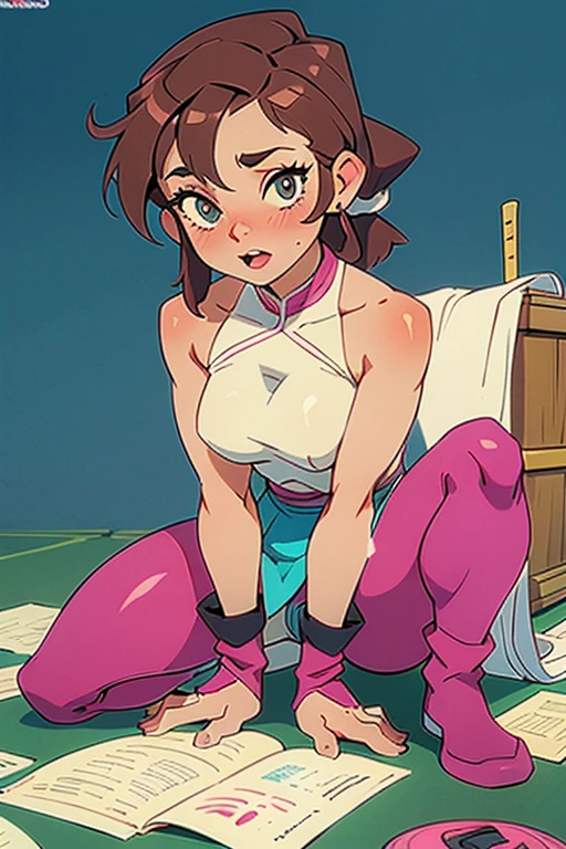 a close up of a cartoon girl sitting on the ground, asuka suit under clothes!, full body zenkai! asuka suit, the anime girl is crouching, misty from pokemon, twintails, beautiful anime girl squatting, asuka, gainax anime style, juri misaki, nami, knights of zodiac girl, saiyan girl, fighter pose, Akari Kanzaki