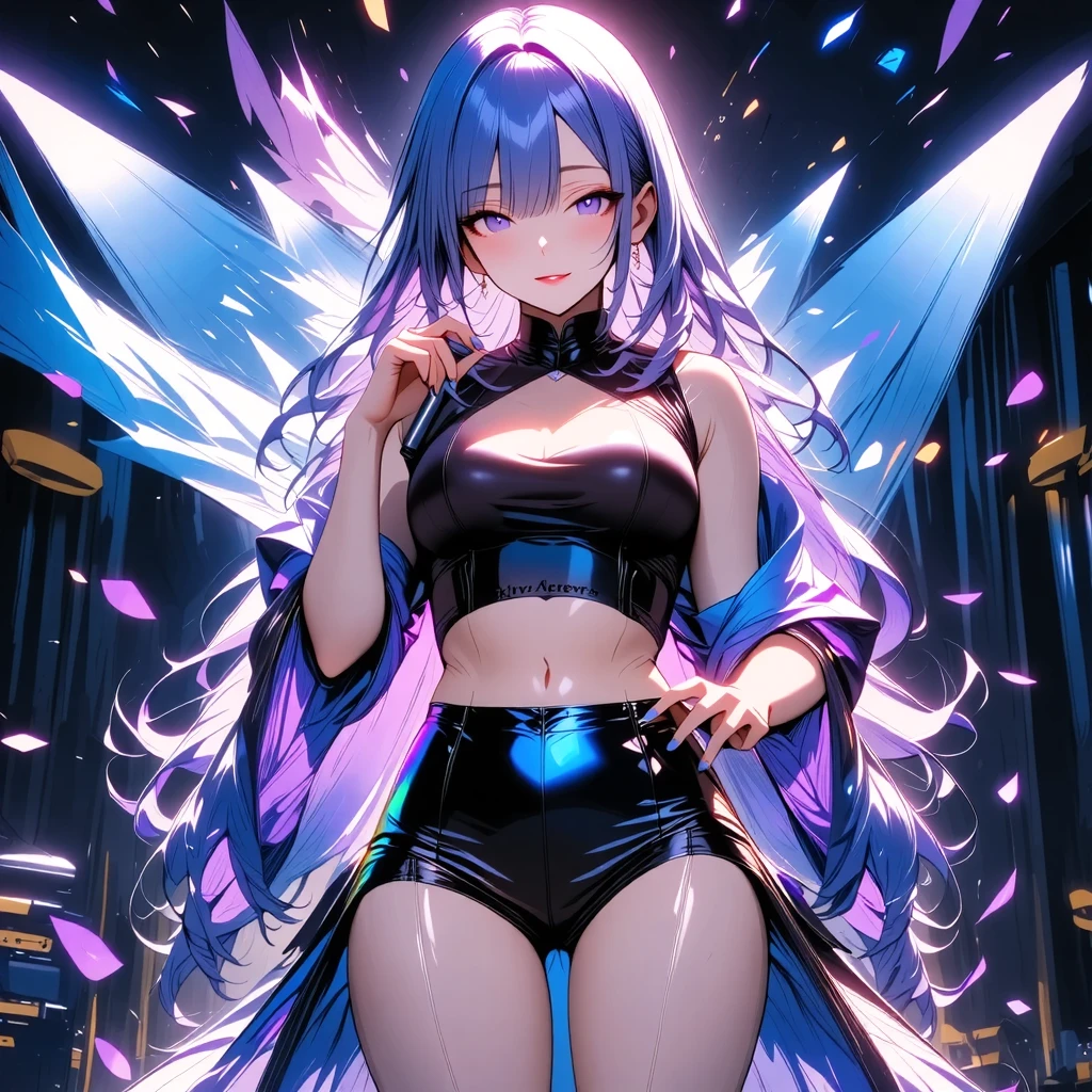 (masterpiece, best quality:1.5), (ultra detailed, high resolution, 8k, beautiful detailed, UHD, best anatomy), purple straight hair, medium breasts, 1 girl, short shorts, thin see-through, standing, from below, Crystals floating around, night