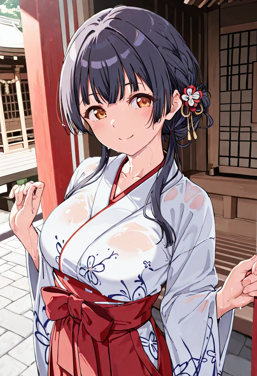Highest quality RAW photo taken from the front in 32k resolution on Canon EOS R3:1.15),Shortcut black hair,is standing,Culture of Japan,traditional Japanese room,Brown yukata,A smile,blushed face,Refreshing,Clothes come off,small tits