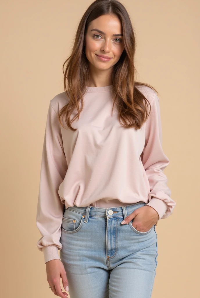 Photo d’une belle fille brune portant une chemise décontractée avec un sweat à capuche et un legging rose, Rue de la ville, cheveux moyens en désordre, corps mince, Vue de dos, Tir moyen du haut du corps, regardant la caméra, Sourire mignon, faible profondeur de champ
