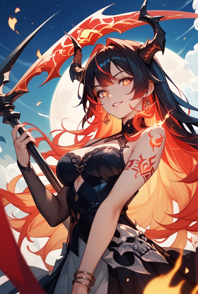 A beautiful girl with poisonous red and blue hair. Her head is characterized by her two blade-shaped horns that point forward and three pairs of compound eyes, as well as countless eyes lined up behind them. Her right arm is shaped like a club, and her back has countless thorns. Her outfit is inspired by the Hell King Enma, and her chest is open, revealing her tentacles. Her mouth was dripping with blood-like liquid.
