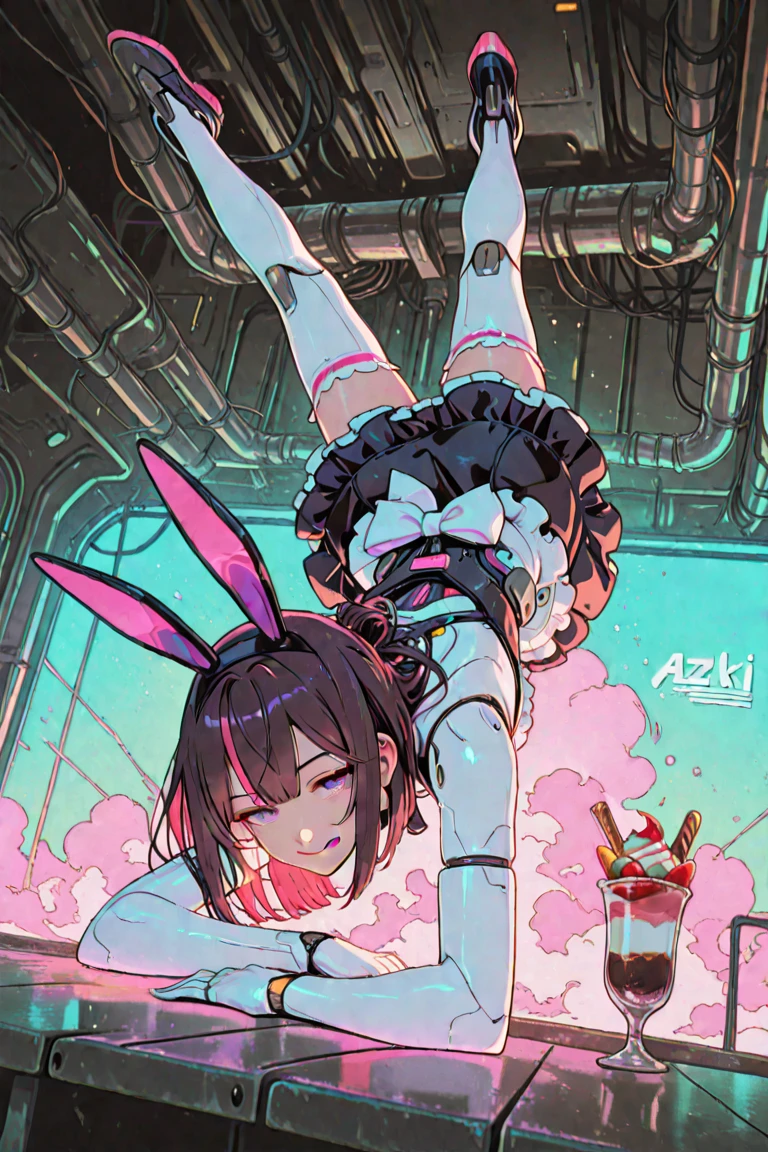 joven, 34-year-old woman, moderate length brown hair with long messy bangs, ojos rojos y un busto gigantesco, long bunny-themed ribbon in hair, de espalda, cuerpo completo, mostrando el culo al espectador 