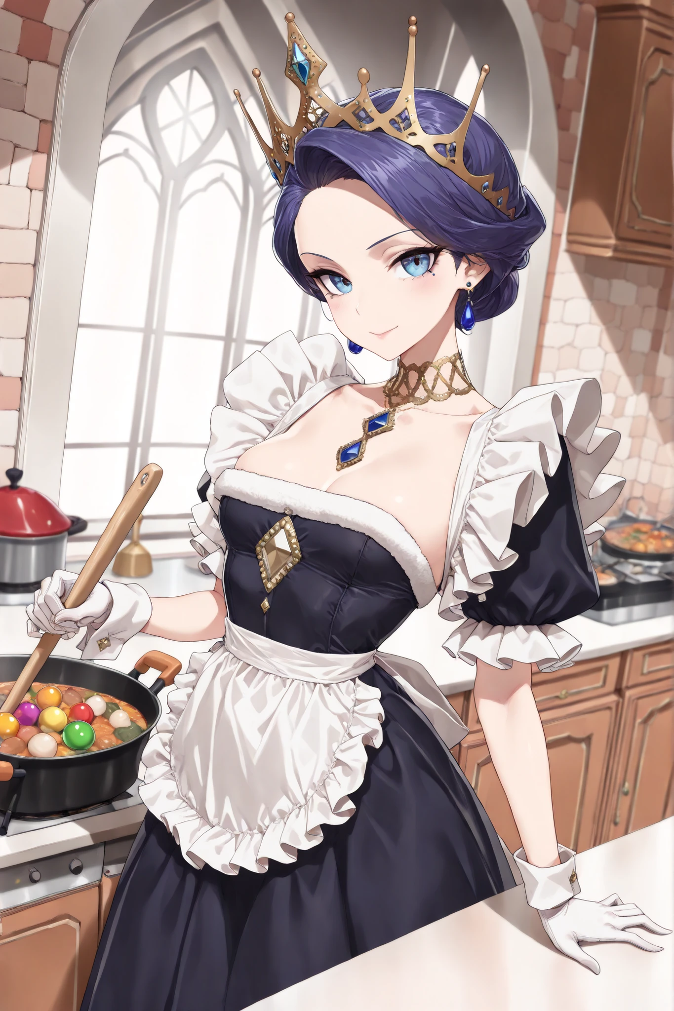 ((Best quality, 8k, Masterpiece: 1.3)), Sharp focus A beautiful woman with perfect body, Slim abdomen, Her Majesty the Queen doing housework. She is wearing a gorgeous dress and maid's apron, which show her highest status. She is also wearing a jeweled crown. She is standing in the castle kitchen cooking a stew in a pot.