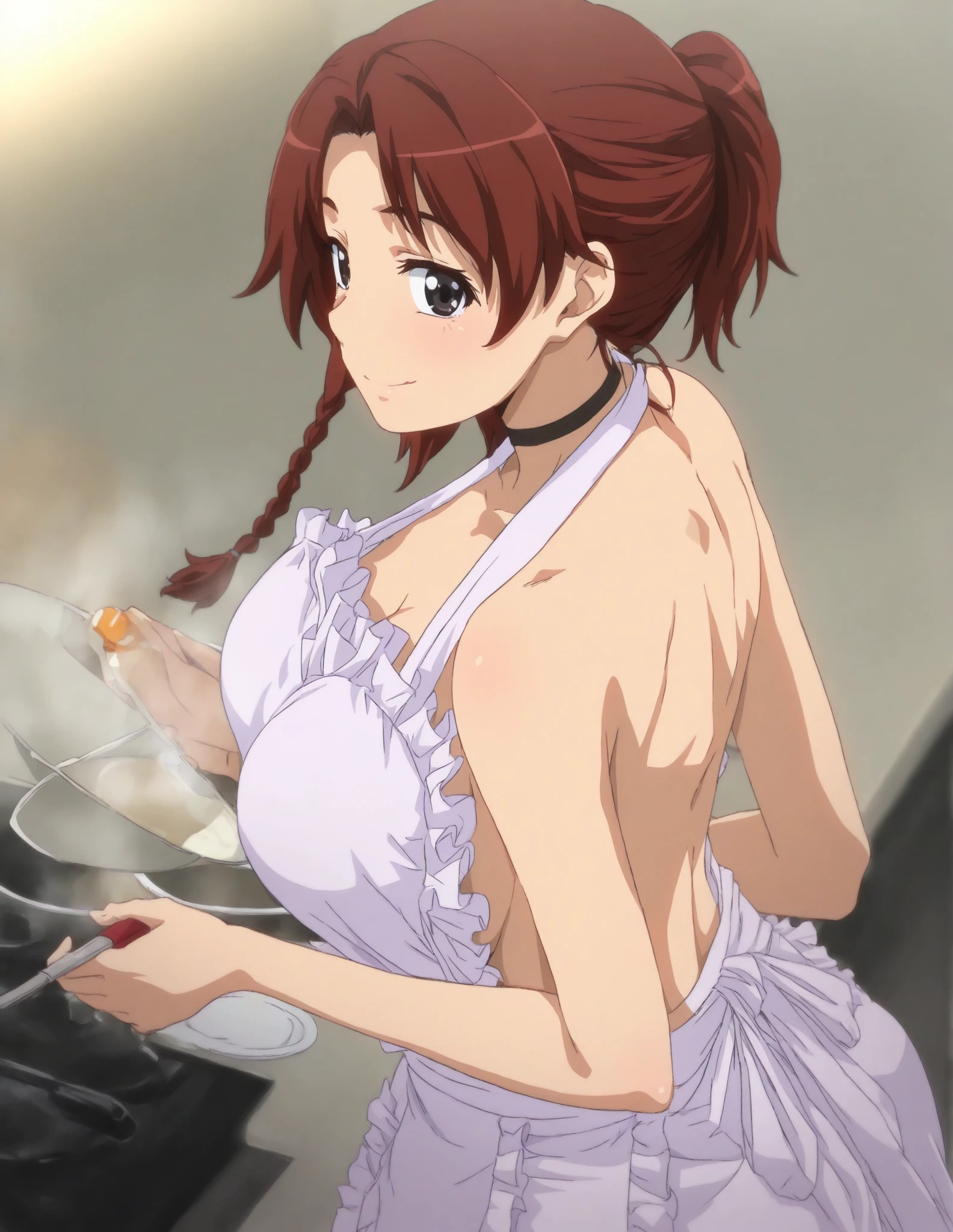 1girl, blunt bangs, very happy, smile, very high resolution, very high quality, cowboy shot, (apron only:1.6), bare shoulders, (brown hair:1.2, very long hair), very long hair, looking at viewer, smile, highly detailed background with titration screen and spot lights, (photo realistic:1.2), very detailed eyes, red eyeshadow, depth of field, (solo:1.2), (kitchen:1.1), cleavage, skinny shoulders, groin, thighs, (finger on lips:1.1),Shiny skin, standing, push up breasts, defined breasts, ( strong arm muscles, pale skin, hands on hips, skinny arms, slim arms, toned arms)