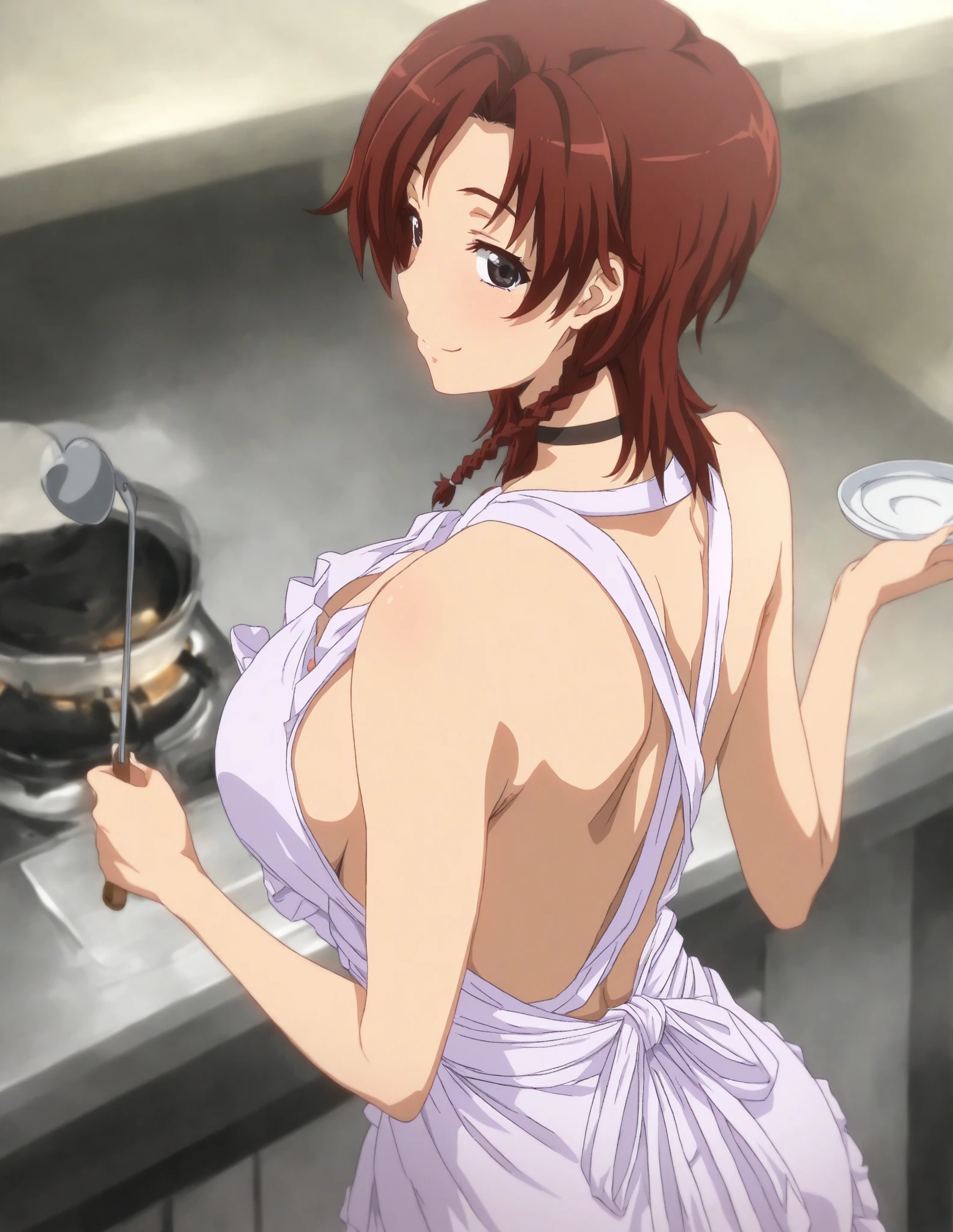 munakata_rurie, green eyes, large breasts, dress, kitchen, cooking, mature female, masterpiece, best quality