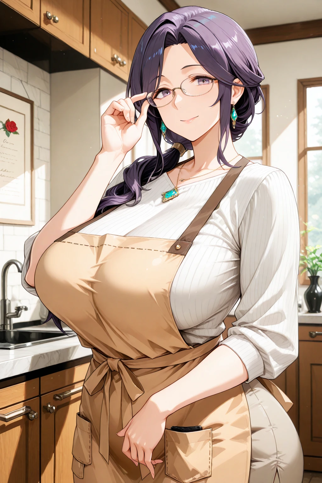 1 milf, ponytail hair, smiling, wearing a glasses, use an apron