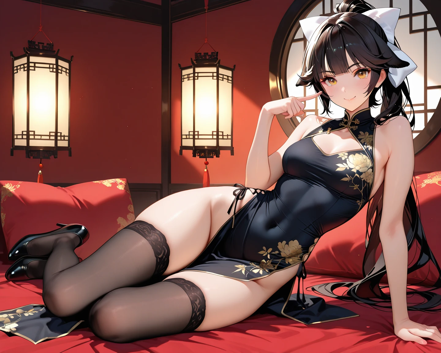 Top image quality、qipao dress,Realistic and detailed image of a girl. Black hair bun hair. Eyes are blue.Half eye , long eyelashes. She has small breasts, Slim waist, wide hips,A slender. sleepy expression, darkened room. cross one's legs, Smoke pipes. Chinese、Luxurious chairs、Sluggishness、Shake your head.Cheek cane,starrysky
