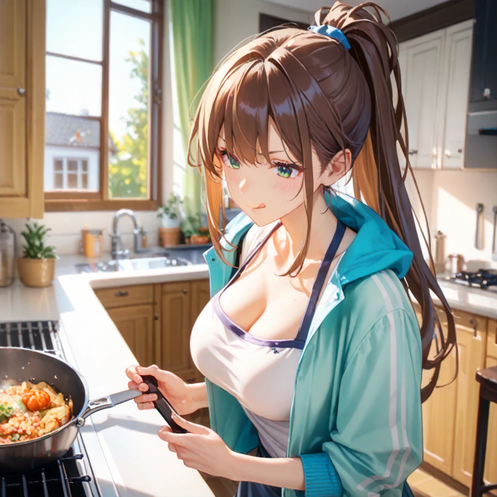 (((masterpiece, Highest quality, High resolution, 超High resolution, Perfect Pixel, Depth of written boundary, 4K, RTTX 10.0))), Beautiful Anime Woman, Beautiful art style, Anime characters, ((Smooth texture, Realistic texture, Anime CG Style)), Exact finger count、Exact number of legs、(Exact number of arms:1.0, Exact number of hands:1.0), (Perfect hands, Perfect Anatomy), Cinematic, Realistic, Extremely detailed CG, Daytime lighting, Perfect lighting, Best Shadow, The best natural light, whole body, Perfect body, バランのとれたPerfect body, Perfectly balanced style, Slender body, ((Long Hair, bangs, Reddish brown hair, ponytail)), ((Back view of a cute woman cooking:1.8)), (pussy juice:1.5), ((Bow tie around neck:1.3), Black high heels, (Sexy and cute light blue underwear:1.3), (Stylish shiny light blue satin panties, Side-tie panties, Panties with lace trim:1.3), (Thin panties:1.3), (Light blue micro lace satin bra, Light blue bra with lace trim, Thin bra:1.3), (garter belt, Black knee socks:1.3):1.3), (Stylish kitchen, In the middle of cooking, Dishes lined up in the kitchen:1.5), naked, In underwear, Waitress in underwear, (Frilly maid-like headband:1.2), Angle from directly behind, Close-up angle of the butt