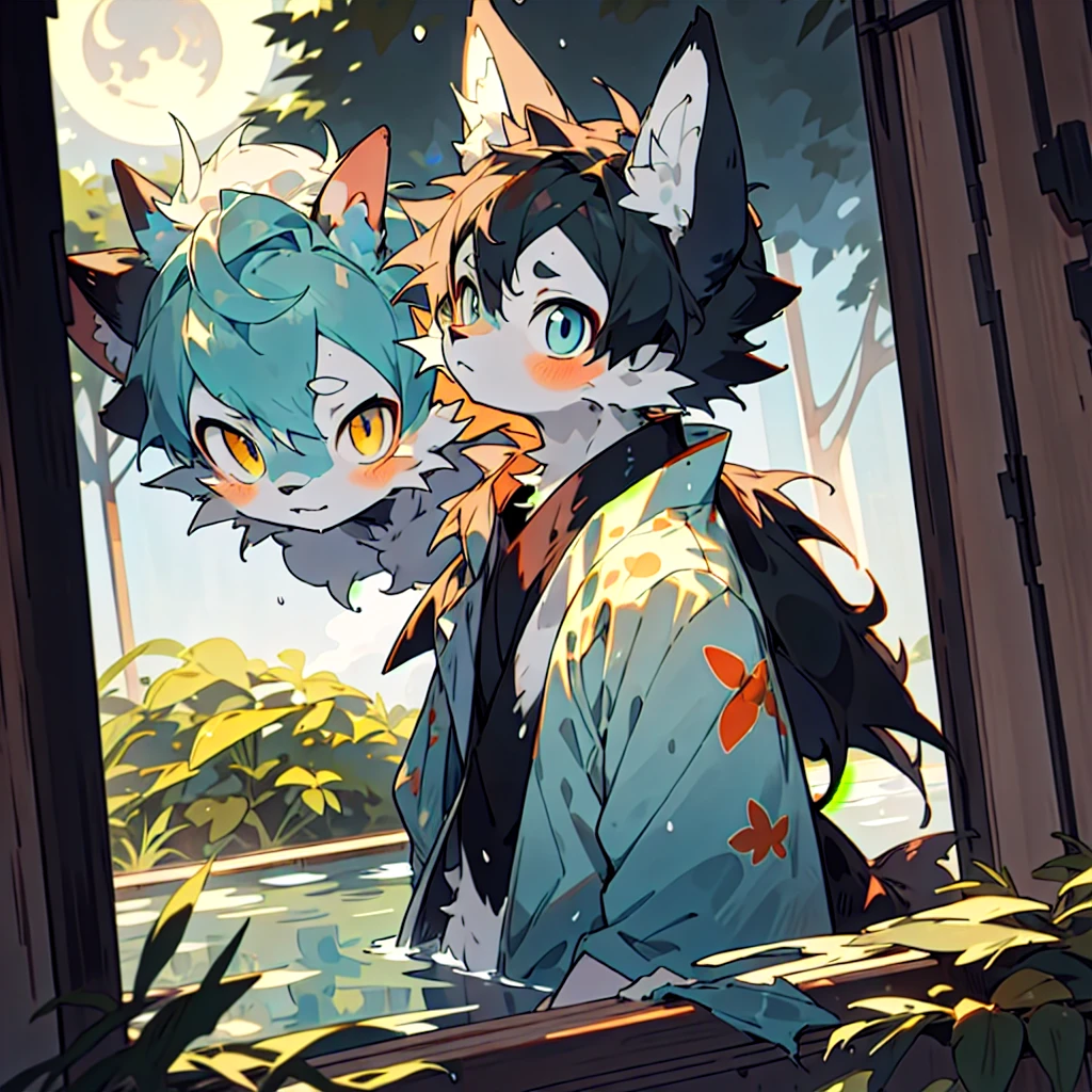 spherical body,tropical garden,Short hair details,Blue hair,starrysky,There's blue fur everywhere,Wolf ears,Wolf type,Big furry tail,tmasterpiece,High-quality portraits,shaggy, shaggy male, malefocus, Eyes are bright, in a panoramic view, Character focus,Ultra-tight underwear , small lingerie, male people,eBlue eyes,Naked upper body,cute big breasts