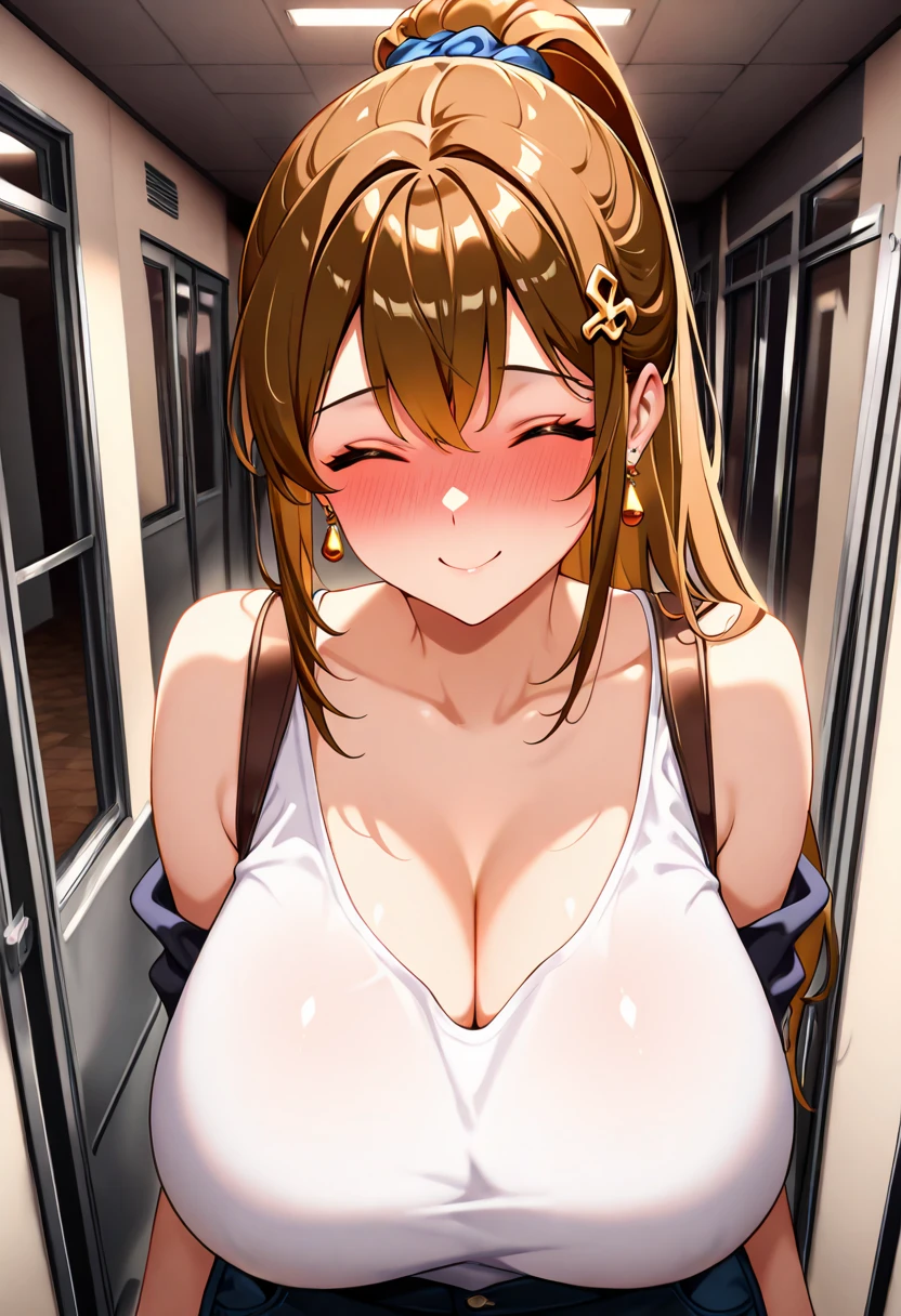 (((Pixel Perfect, Perfect in every detail))),(Horizontal angle:1.4), alone, One person, sumi sakurasawa,in town ,Collared shirt, Red dress, View your viewers, blush, Embarrassing, Upper Body,Big Breasts:1.7,Nipples,Spread your arms