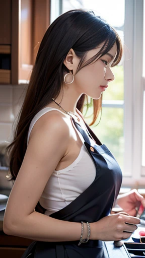 (dynamic angle:1.3, front view:1.1, breast focus:1.3, from above:1.1), (dynamic posing:1.2, sexy posing:1.2), (seductive smiling:1.3), ((looking at cake,Taking a cake out of the golden oven, worried about the outcome:1.2)),highest quality、(real、photorealistic:1.4),(ultra high resolution, 8K RAW photo, clear focus), best qualtiy, natural lighting, field depth, (Bright pupils, detailed beautiful eyes, high detailed face), Red lip, (tight focus:1.2), a girl 22yo old, Wearing a pastry chef uniform:1.3 , Thicc, thin breast, long hair, blue eyes,a pastry pretty girl:1.1, (highly detailed beautiful face and eyes,small breasts),real skin,((black,hair,long pony tail hair)),thin pubic hair,cute,lovely, detailed eyes,(double breasted:1.0,under bust:1.0),(with sparkling eyes and a contagious smile),open mouth, Looking at Viewer,A scene of cooking in the kitchen with the oven made by goldden
