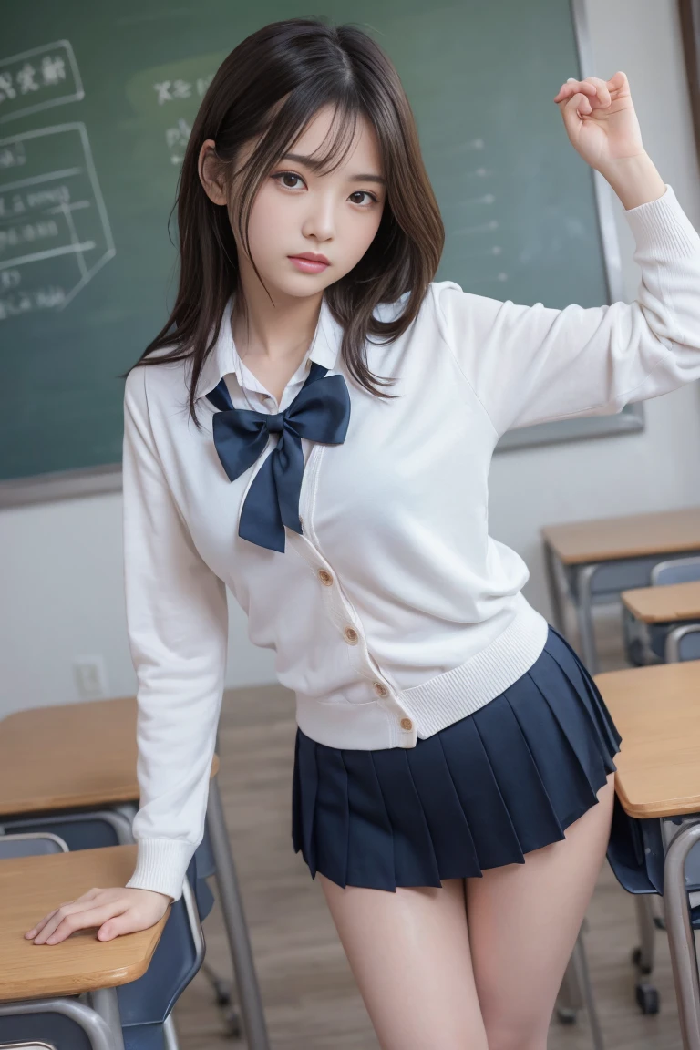 ((high quality,high resolution,High definition,8k)),School classroom,Baby Faced Girl,Long Black Hair,Red ribbon on hair,Navy blue long skirt,Japanese Sailor Suit,Blue and white slippers,White socks,Study desk learning,((((very cute)))),((What to wear(School uniform) or miniskirt kimono or completely naked)),(((When you&#39;re naked　perfect pussy))),((Realistic schoolgirl vagina:1.2)),(Very childlike),