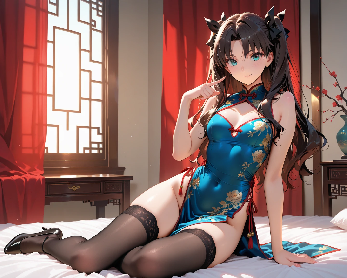 a sexy woman, (best quality), (masterpiece), (1girl), slim, anime, (flat chested), (chinese dress), (standing), (protrait), (naked legs), (view from above)
