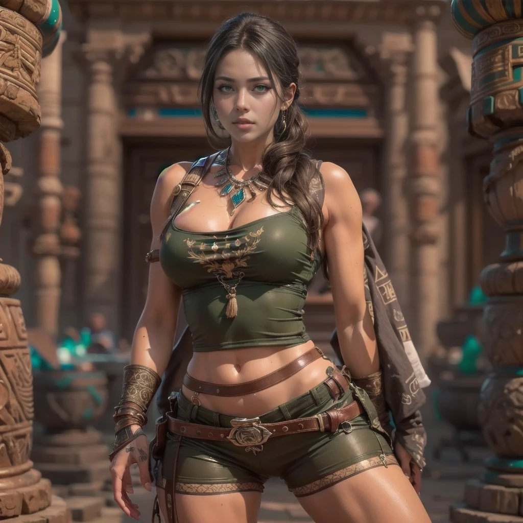 8K ultra-réaliste, Chef-d'œuvre haute résolution , Illustrations très détaillées , représentante d'une jeune Lara Croft, belle et séduisante, aux gros seins, dans sa tenue emblématique , short kaki sexy et un crop top bleu avec un décolleté profond , bottes de randonnée,Étuis pour pistolet à cuisse, . Longs cheveux bruns avec une queue de cheval, ((((lèvres brillantes détaillées sensuelles et belles, des yeux verts brillants extrêmement détaillés et réalistes et un visage angélique extrêmement beau, Tons de peau réalistes ))))), (((seins rebondissants vraiment énormes))) ((( seins partiellement exposés 1.6)))avec un (((Incroyable petit corps sportif avec une petite taille et de gros fesses rondes ))). ((((Elle dégage un attrait sexy sur fond de pyramide aztèque en arrière-plan. , avec un environnement très détaillé, et des reflets lumineux pour rehausser le réalisme . Garantie des détails de peau complexes et ultra réalistes,))) (Éclairage HDR, et effets de lancer de rayons,) en quête d'une œuvre d'art rappelant le style d'un artiste renommé, visant une allure visuelle maximale et un réalisme réaliste.,(Réaliste,photoréaliste,photo-réaliste:1.37),Hdr ,UHD, éclairage de studio, Peinture ultra-fine, mise au point nette,rendu physique, ,couleurs vives. Vue complète du corps