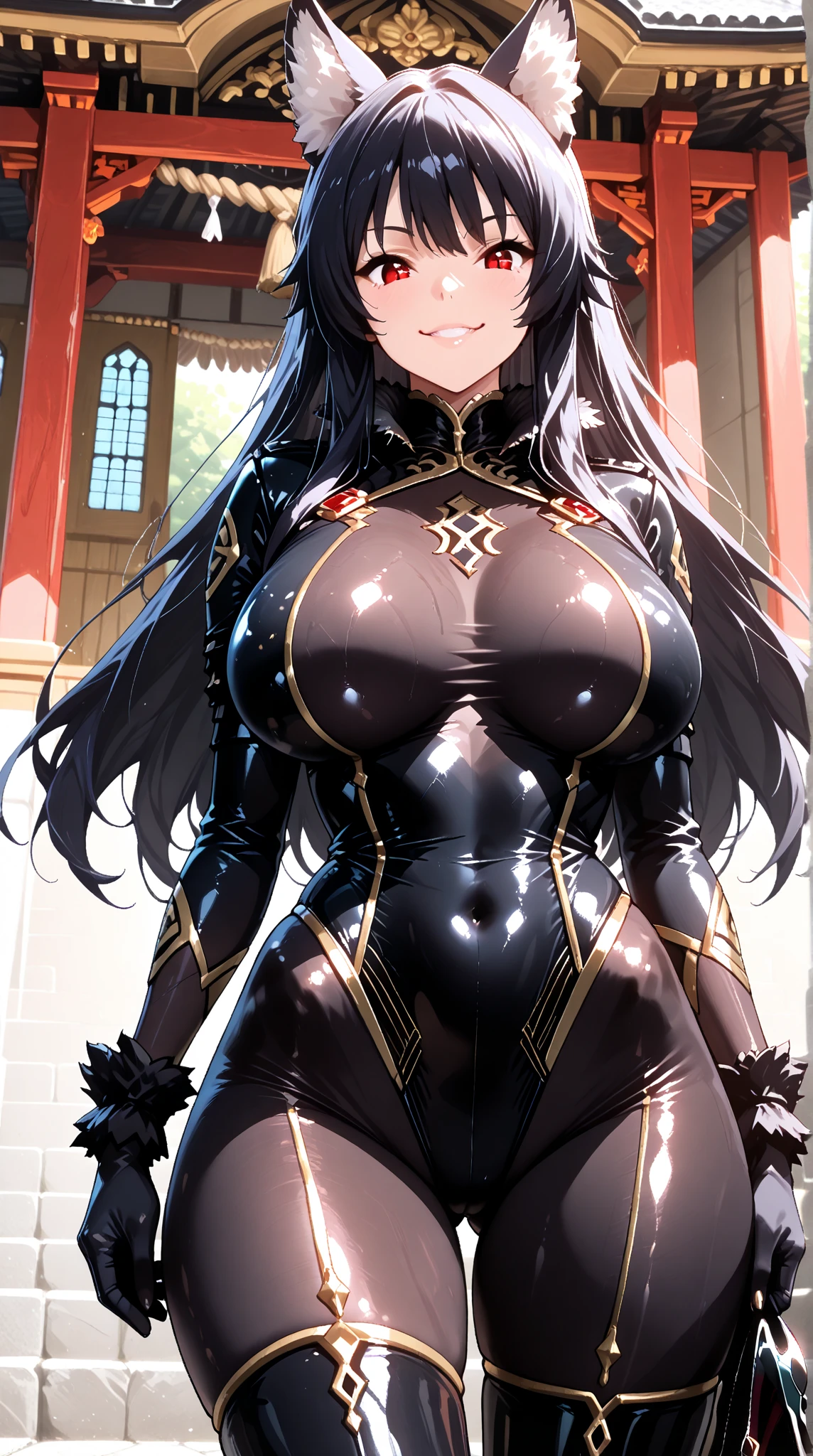 ANIME , high detailed
1 shy girl, long hair, Black hair, magenta eyes, shy smile,round buson, black Sattela' clothes, Very large black Long skirt, Warhammer in hands, smiling