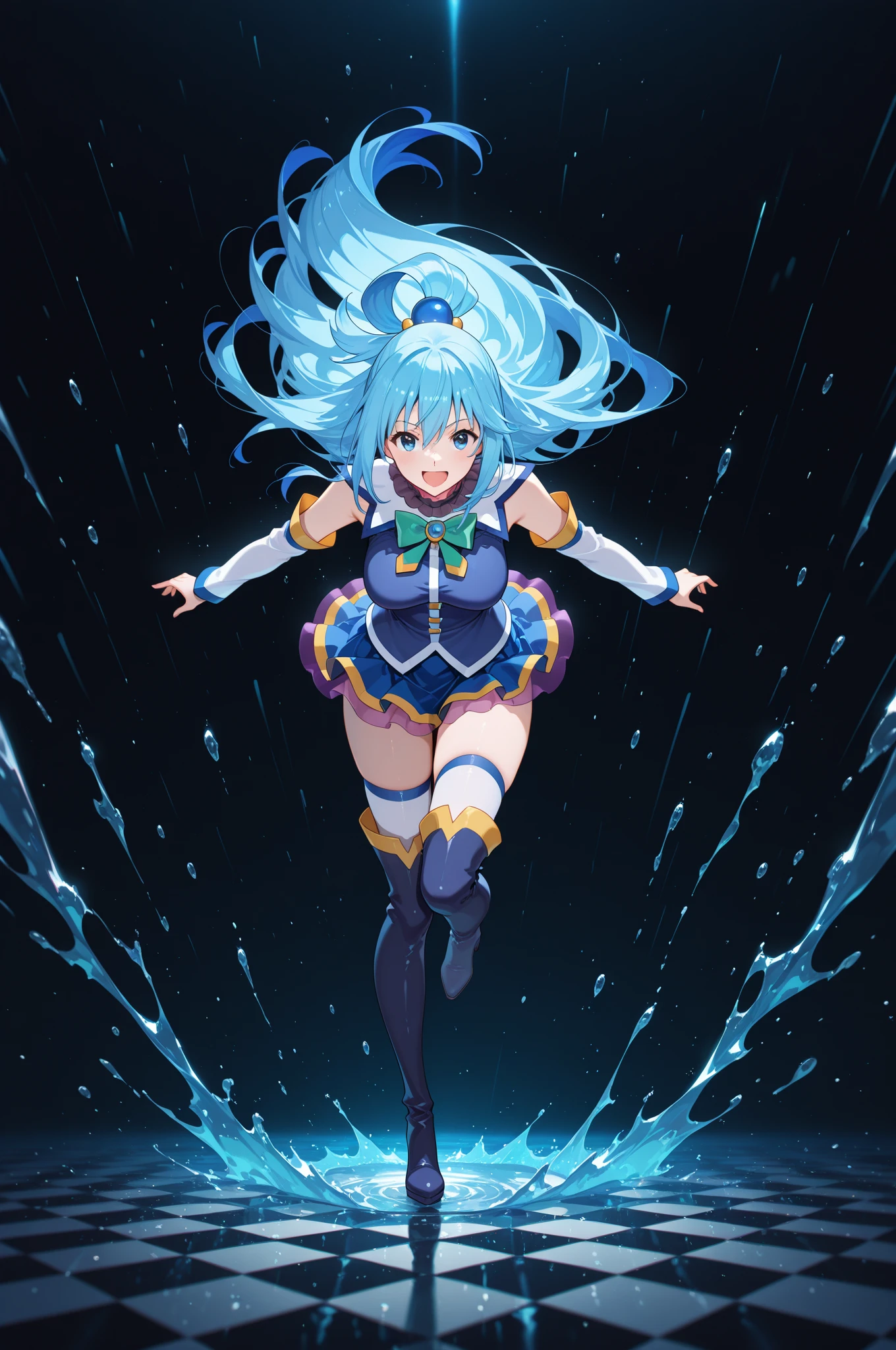 highest quality, blue_hair, blue_eyes, long_hair, twintails, magical_girl, bangs, open_mouth, pink_hair, multicolored_hair，sleep on your back in bed，Crab crotch，show me your boots，thigh high boots，leotardチラ見せ，glove，elegant, 1 girl, leotard，body suit，cute, blushed, looking at the viewer, from below, prison，blue eyes, beautiful eyes, beautiful background, particles of light, Light of the sun, dramatic lighting, outside, shiny, realistic, table top, highest quality, Super detailed, get used to it, scenery, beautiful and detailed eyes, thin hair，full body shot，