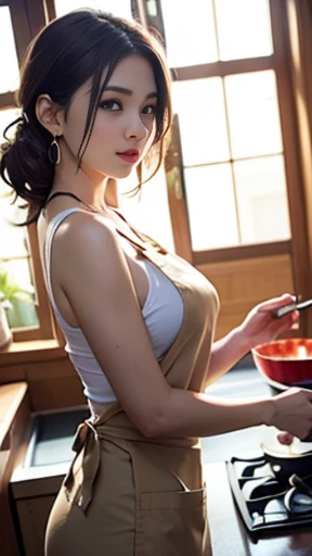 The most beautiful woman、Detailed body with large breasts、sexy facial expression、(Breastplate Apron)、(witheout panties:1.3), (no brassiere:1.1)、(Rear view)、(Looking from the side)、detailed lips、Two hands、(Photorealsitic:1.4), (Top image quality:1.0), (超A high resolution:1.0), 8K, RAW Photography, (​masterpiece:0.2),Good waist fat