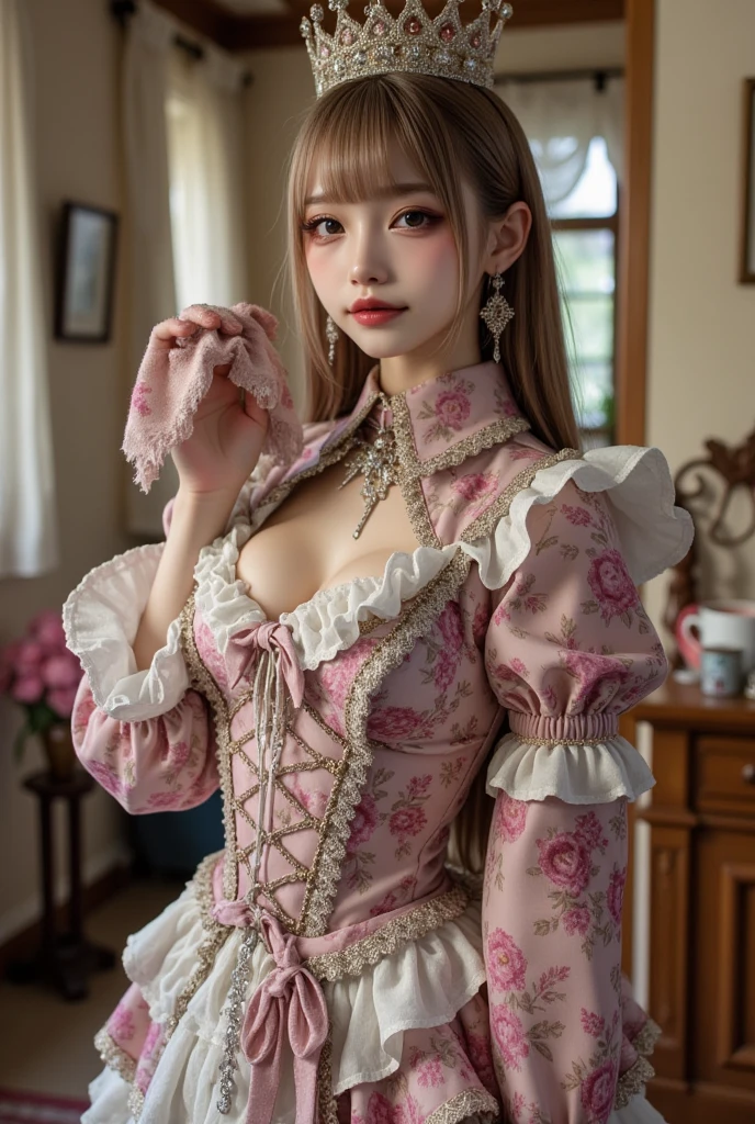 (medium full shot) of (ethereal gothiclolita) young woman, busty build, medium brown shag cut hair, black american, dark skin, black eyes, wearing a lace bonnet, pastel pink Victorian dress with puffed sleeves, sheer stockings, gothic pumps, pale skin,  smoky eyeshadow, black eyeliner, cross necklace, wrist cuffs, set in  an enchanted garden, with sparkling dew, fragrant blooms, delicate fairy lights, whimsical sculptures, and secret paths , at night, woman smiling, ,Masterpiece,best quality, photo, realistic, very aesthetic, detailed face,