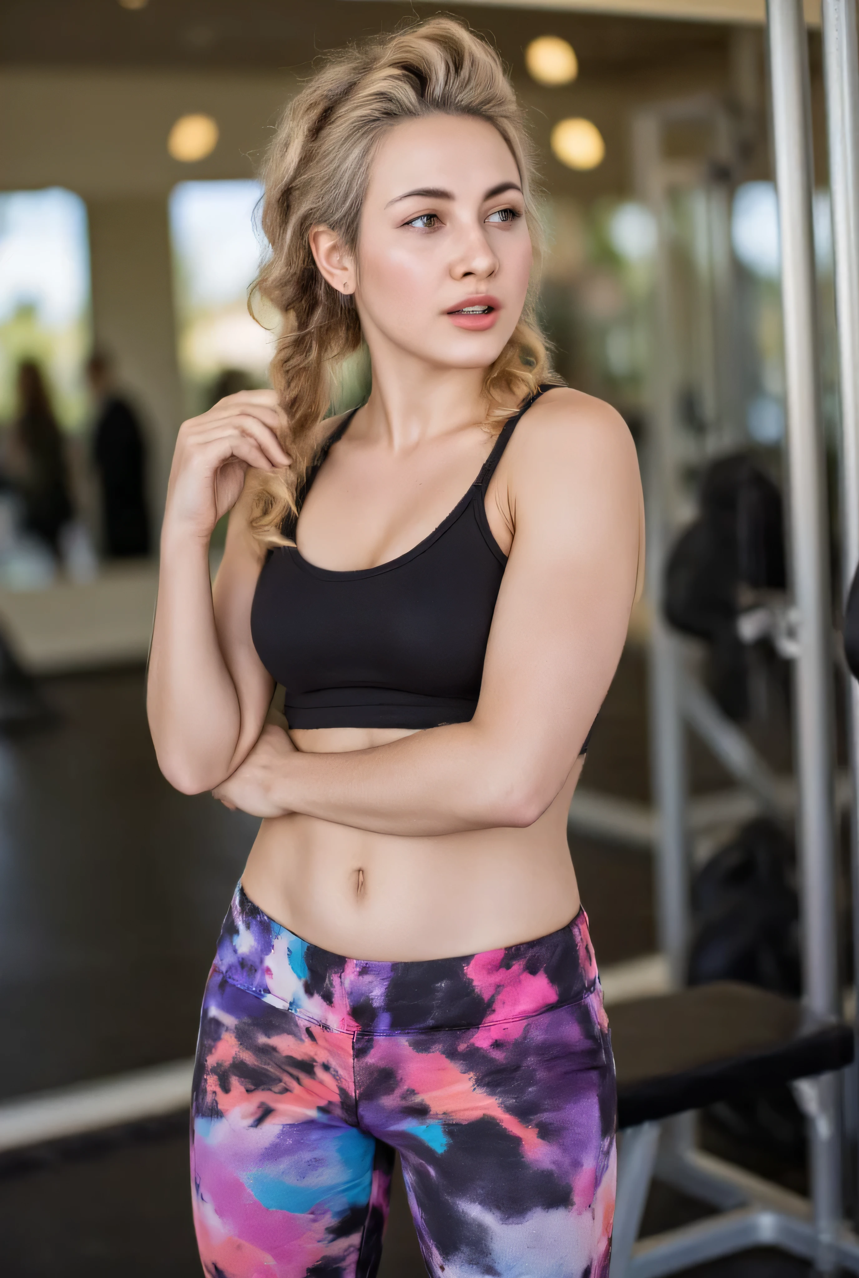 A sexy woman, at the gym, very long thick [pigtails|braided ponytail|curly hair|curtained hair|double bun|drill hair|twin drills|quad drills|side drill|hair behind ear|hair between eyes] hairstyle, [caramel blonde|blonde|silver|grey|brown|light brown|black] hair, [hazel|green|gray|blue|brown|amber|black|heterochromia] eyes, wearing a sports bra, long gym pants with a vibrant pattern, large ass, 6-pack, with a shocked face, mouth open, side view, full body