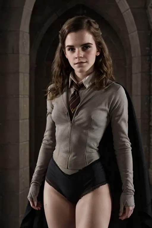 masterpiece, (Emma Watson as Hermione Granger), thighs exposed, breasts exposed, Panties exposed, in intimate black latex, ultra detailed, ultra realistic, half body shot, slender body, narrow hips, , small ass, very detailed face, Hogwarts library in the background, (Cinematic lighting, hips), Dramatic, award winning photography, невероятный masterpiece, 16K, Ultra high resolution.Photorealistic, UHD, RAW, SLR camera, (NFV:1.2)