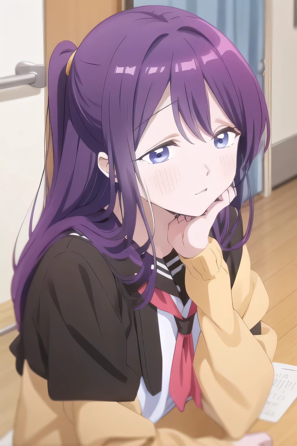 can you draw a woman doing housework,Floor cleaning, Can you draw a woman with a ponytail, Can you draw a woman in a maid outfit, Can you draw a woman doing housework, ,A woman in minimal clothing, Can you draw a woman in a pleated micro mini skirt,beautiful legs,high heels,,すらりと細いウエストにBig breasts, Big breastsと細いウエストをしていても,Slender Woman,Purple Long Hair,uniform ,Can you draw a nice smile,,High School uniforms,navy blue miniskirt,,OL ,Inside the building,Let's draw a more delicate expression,A woman with a lovely smile, Delicate appearance is a priority, so I definitely need a face,Can you draw a nice smile even if my breasts are big and my waist is thin,beautiful legs, Accurately portray the attractive limbs of a 20 year old woman,Big breasts, ,The Beginning, delicate expression is required,