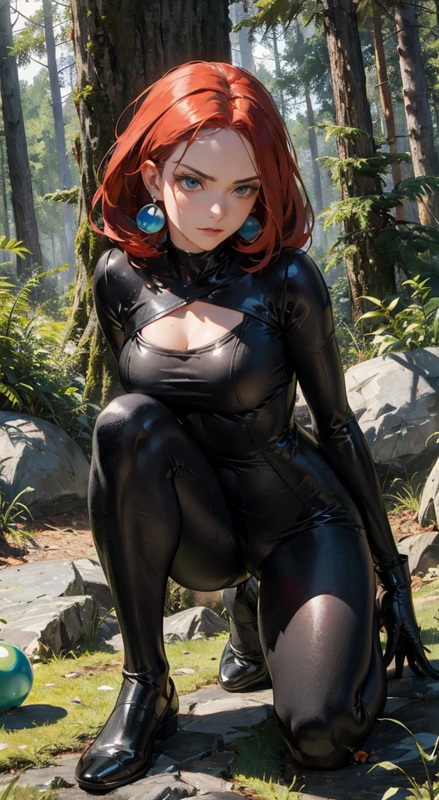 Miqote girl, wearing a dragon scale latex catsuit, red hair, yellow eyes, solo, in a dark forest with soft light,