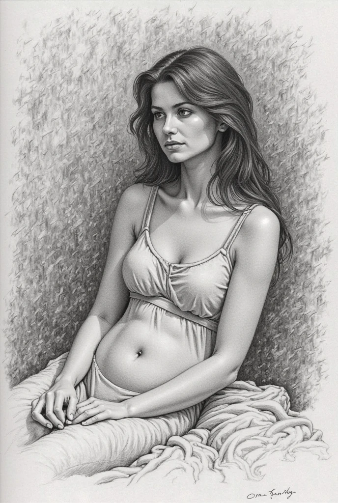 A delicate, graphite sketch portrays, a nude young beautiful Jane Fonda look, medium firm breasts, standing bare feet without background, her features rendered in subtle shading and precise lines. The framing is tight, focusing attention on the subject's serene face. Soft, feathery strokes convey the gentle texture of her short hair,