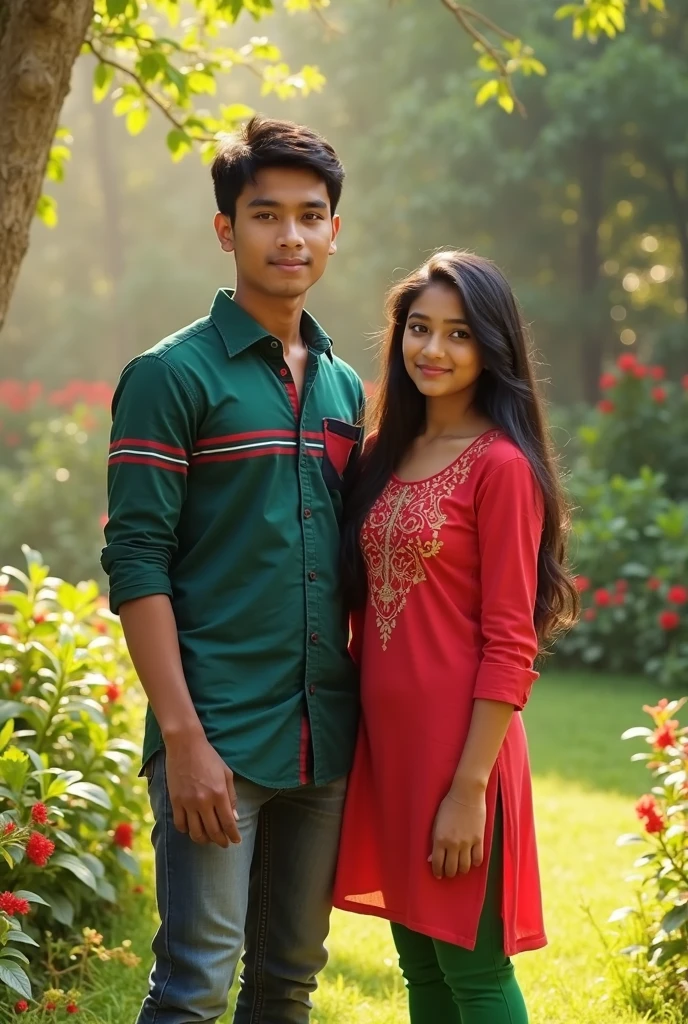 A 19 year old Indian school pritty girl in a white school shirt and black coat uniform is sitting on the lap of a 17 year old Indian boy with long black hair wearing a black shirt and jeans in an Indian park. Both are looking straight at the camera. There is an atmosphere of love all around.