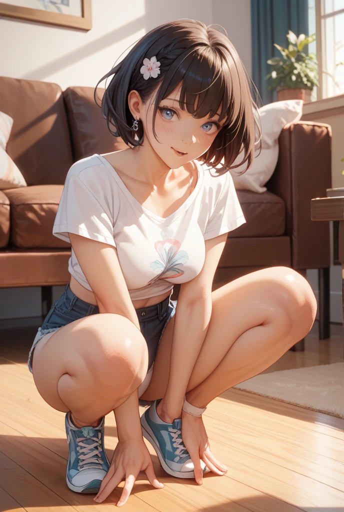 NSFW、{{{masuter piece}}}, {{{Best Quality}}}, {{Super distinct}, {{extremely delicate and beautiful}},(nffsw), (Best Quality, 32K, masutepiece, nffsw:1.2),elementary student、a photo of a cute girl,10 years old female child、Girl relaxing in a Japanese-style room、On tatami mats、lying on one's side、{{{denim skirt}}}、{{Denim Mini Skirt}}、{{Mini Tight Skirt}}、{{white tank-top}}、{{No Sleep}}、{{White tank top}}、{{{Open legs}}}、Look away、Not looking at the camera、 of the highest quality, Best Quality, Realistic, Unity, 32k wallpapers, Official art、(Childlike body)、(Children's body shape)、{{white tank-top:1.5}}、White panties、{Nip slip}、{Pretty miniskirt}、{{{Clothes are peeling off}}}、{Show}、(mischievous grin:1.3),(Sweaty skin:1.5),(Juvenile body),(Unripe々Shishi Body)、Black hair、(Very short hair:1.3)、(Full body:1.2),{Sexy body}、{Bare legged}、Erotic body、{Very realistic body}、(Mid summer:1.5)、(Angle from below:1.5)、(Spread legs)、(clean legs),childishマンコ、The shape of the pubic area is clear、rather small breasts、flat breast、{{See-through tank top}}、{{Thin fabric tank top}},{Panties see-through}、{{{The pubic area is visible}}}、{{Pubic area exposed}}、{Tank top with visible nipples}、{{downbrouse}}、{Papillae visible through clothes},{Pink papillae}、pointed papillae 、{{pointed Nipple}}、オマンコthe shape of the is clear、{{Lively shots}},{{{{focus on panties}}}}、{{{life-likeオマンコThe shape of the}}}、{{{Crispオマンコ}}}