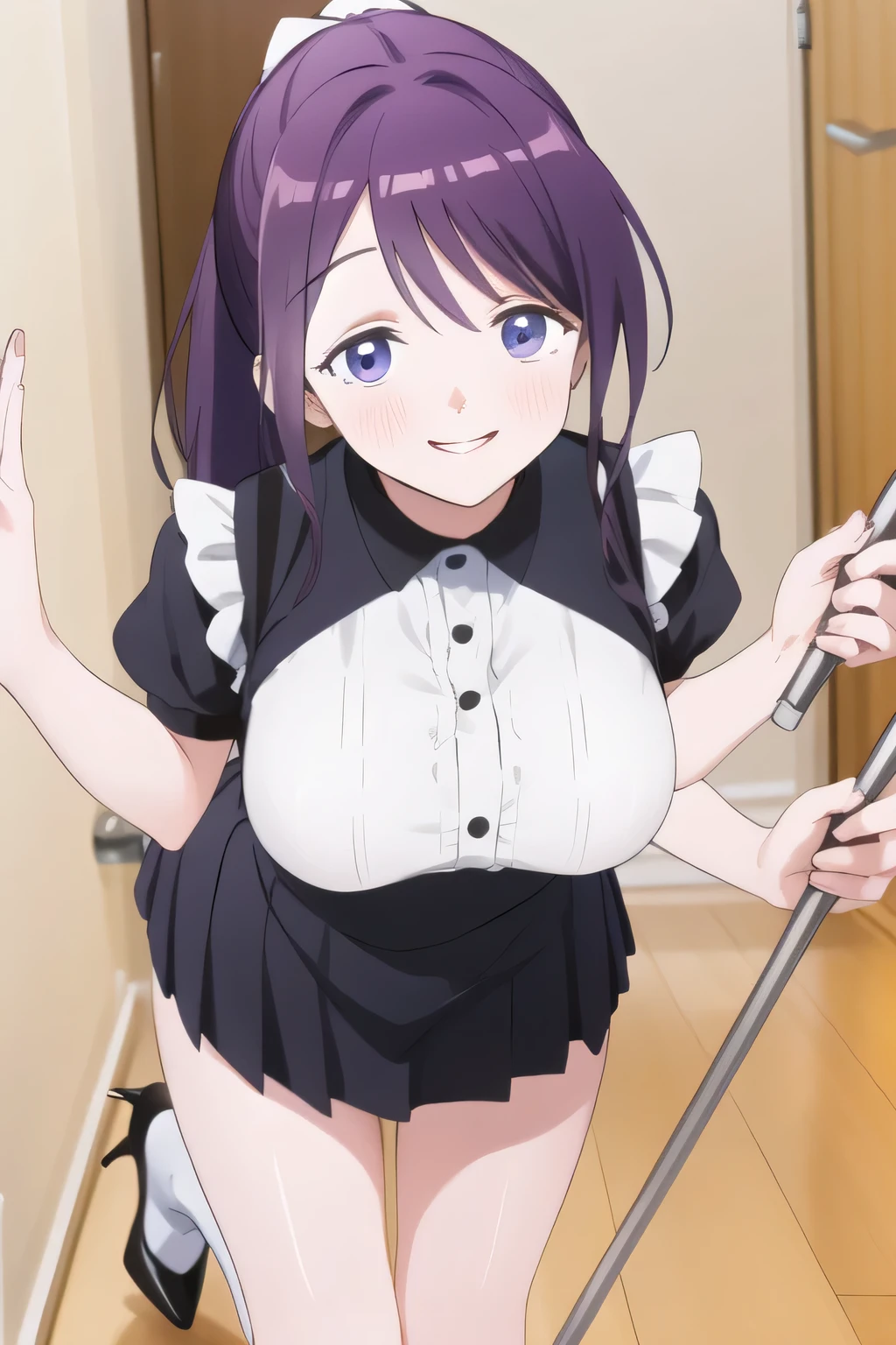 エプロン姿でWoman doing houseworkを描けますか,Woman cleaning floor,Woman doing housework,can you draw a woman in a ponytail, can you draw a woman in maid clothes,can you draw a woman doing housework, ,A woman with minimal clothes,The pleated micro mini skirt,beautiful legs,high heels,,すらりと細いウエストにBig breasts, Big breastsと細いウエストをしていても,Slender Woman,Purple Long Hair,uniform ,Can you draw a nice smile,,High School uniforms,navy blue mini skirt,,OL ,Building Interior,Let's draw a more delicate expression,A woman with a lovely smile, delicate appearance is a priority, so I definitely need a face,Can you draw a nice smile even if my breasts are big and my waist is thin,beautiful legs, accurately depicts the charming limbs of a 20-year-old woman,Big breasts, ,The Beginning, delicate expression is required,