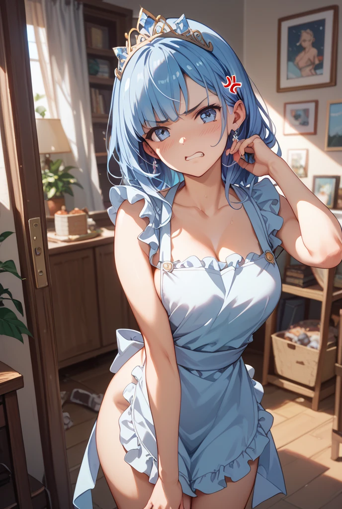 ((White liquid in the valley)), ((Red bra)), ((nurse's outfit)), of the highest quality, (masutepiece: 1.3), (max resolution: 1.2), (Ultra HDTV: 1.2), cinematric light, Ultra HDTV, (Detailed eyes and skin), (detailed facial features), nffsw, 8K resolution, Sharp Focus: 1.2, Perfect Style, Beautiful face, acurate, Anatomically correct, Highly detailed face and skin texture, Detailed eyes, (1girl in), (Solo), (Light blue hair), (Naked:1.3), (White Apron), Large breasts, cleavage, (Blushing:1.3), In the kitchen at home