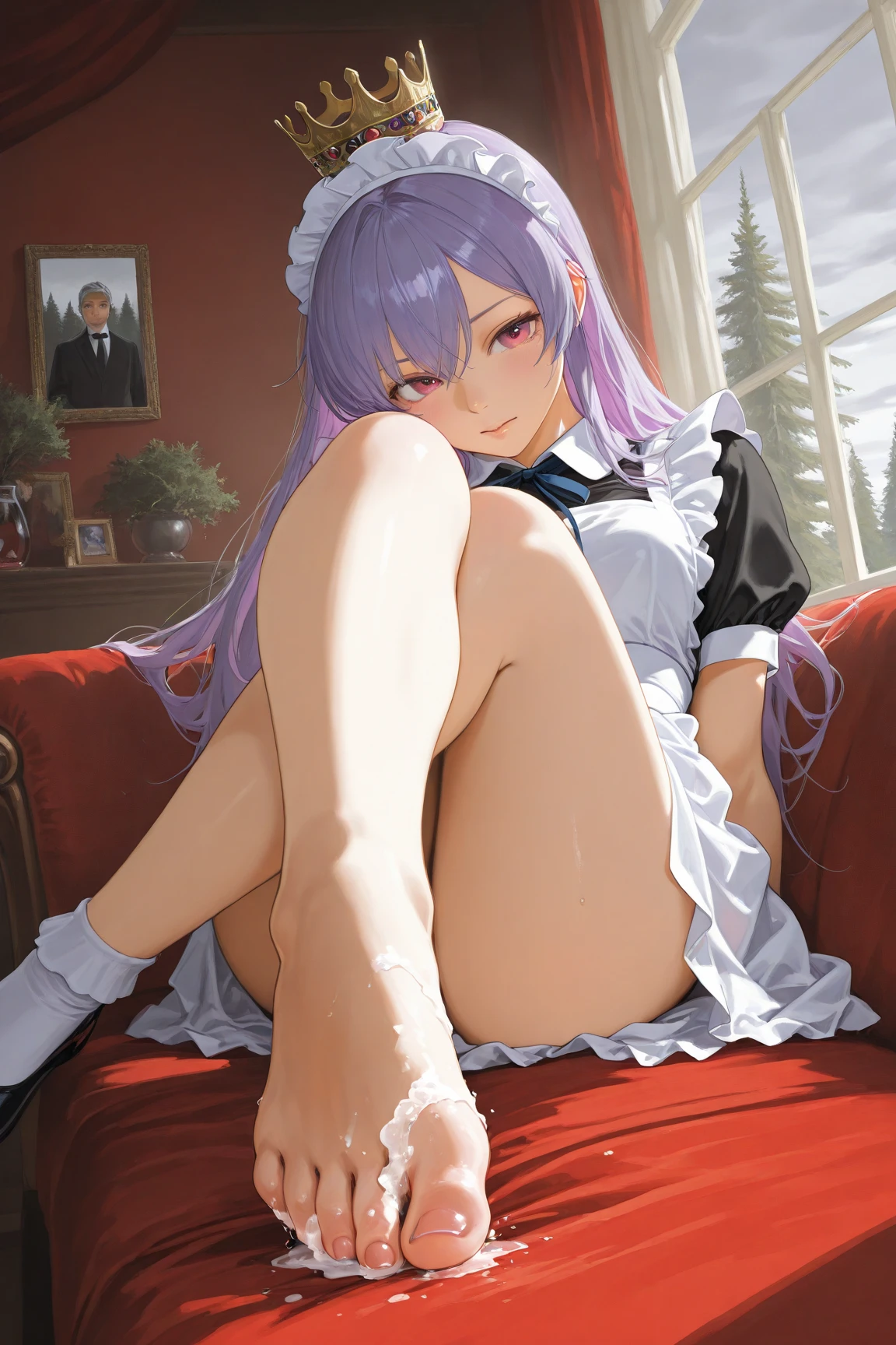 heart, front, whole body, beautiful detailed eyes, High resolution (best image quality), (best image quality), (Extra fine), (Extra fine), 4K, (8K), (beautiful), figure, anime style, ( masterpiece), (highest quality), (Super detailed), (sexy), (erotic), city, beautiful, alone, beautiful purple hair, beautiful black eyes, ((beautiful eyes)), Fair skin, long hair, lips , transparent hair, big breasts, horseshoe headband, spoken heart, pigeon-toed, look down, huge breasts, glowing skin, enchanting smile, maid apron, on the sofa, topless, mischievous face, crossed arms, front View, throw, panty shot, Spoke Heart, He opens his mouth and sticks out his tongue., Nipples visible through clothes