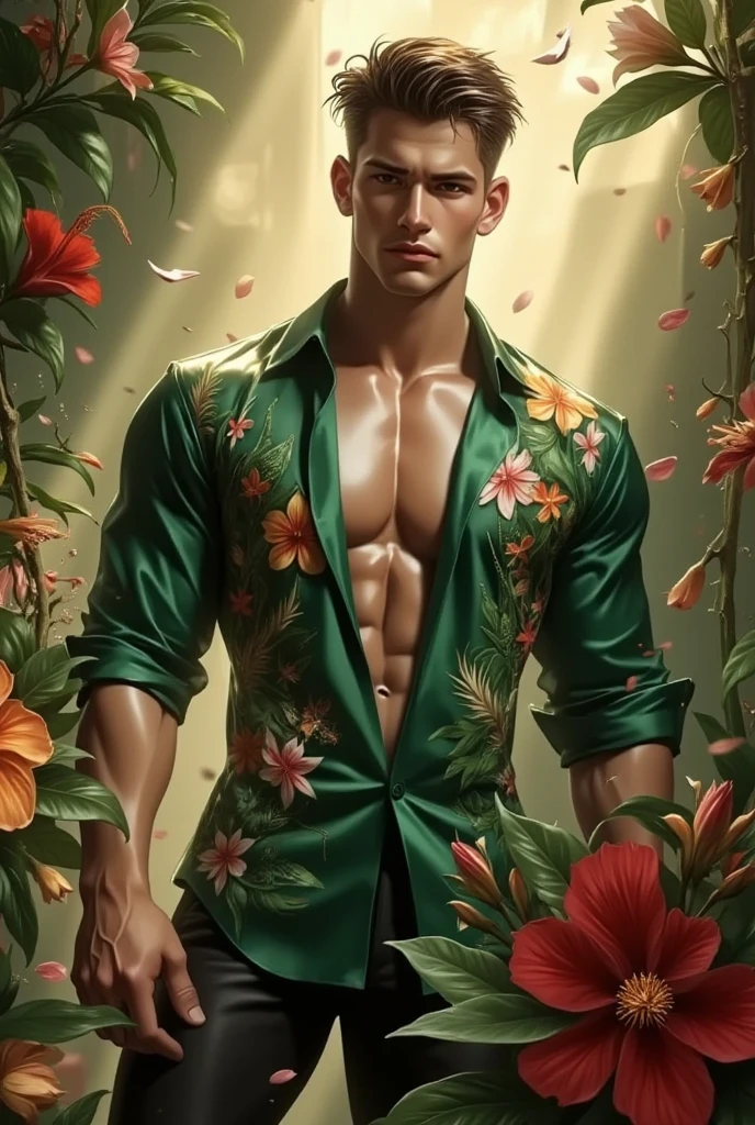 A handsome tall European man standing, He is 28 years old，Thin waist，The pectoral muscles are well developed, He is 175cm tall，Weight 62 kg、yellow-green eyes、brown hair color、short hair、Shirtless、underwear、looking into camera，Smile，Rainforest，Tropical plants，Many colorful tropical flowers，tattoo，accessories，looking into camera，Smile，nature style totem
