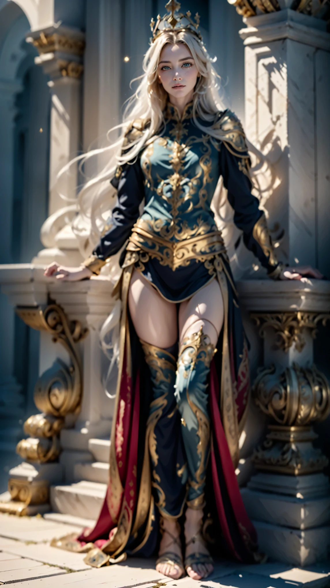 It depicts a beautiful woman, subtle smile, large bust, athletic waist and wide hips, full length with large wings in intricate gold and silver armor. Gold and silver boots. The armor is very detailed and beautiful. Decorated with intricate designs and patterns. (She has long black hair with red streaks) which contrasts beautifully with the metallic color of the armor. The background is dark and blurry to ensure the focus remains on the armor.