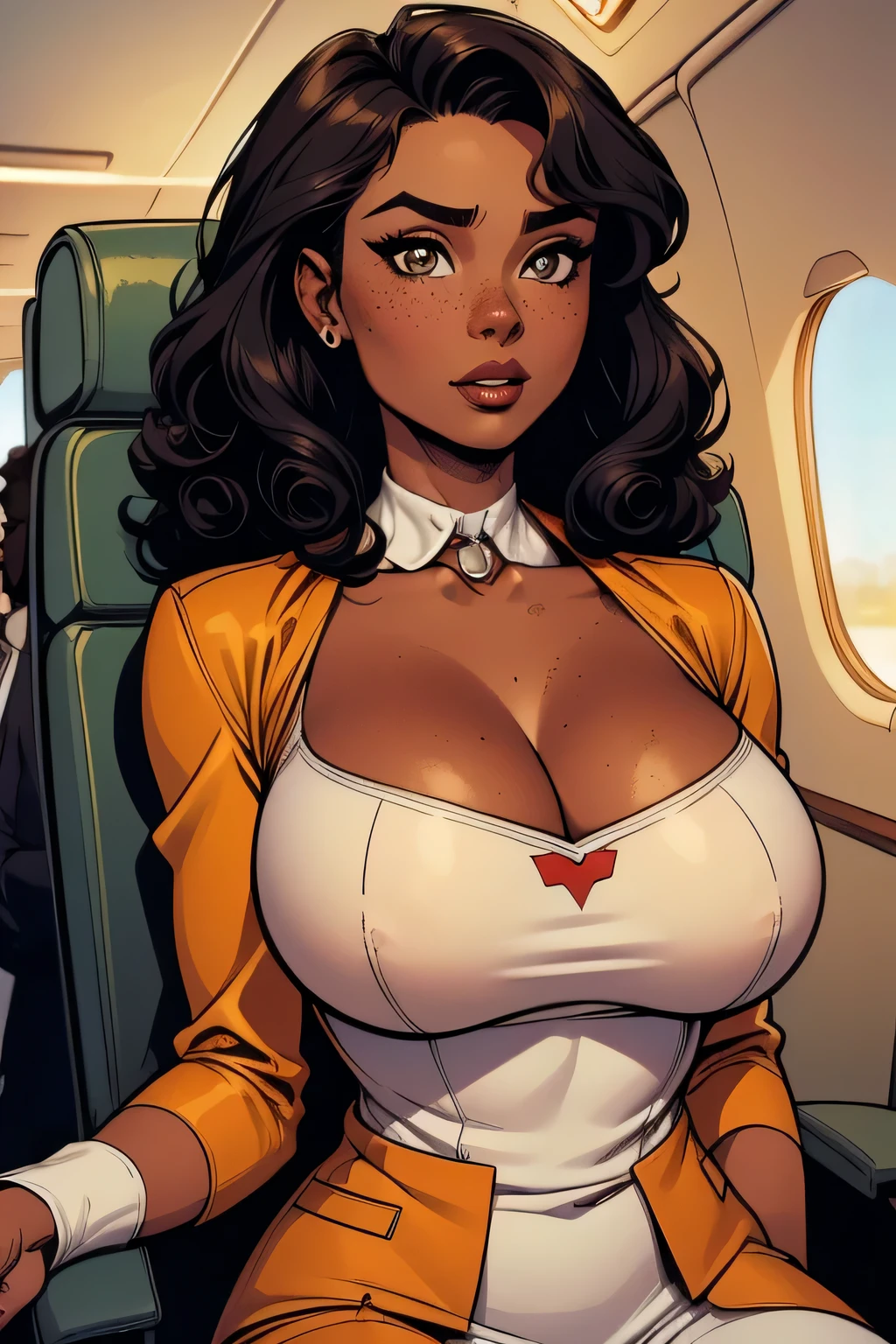 beautiful Busty Korean flight attendants, french kissing, in the airplane cockpit, both with slim hourglass figure, big ass, doe-like eyes, sweating profusely, in tight unbuttoned flight attendant uniform, red hair
