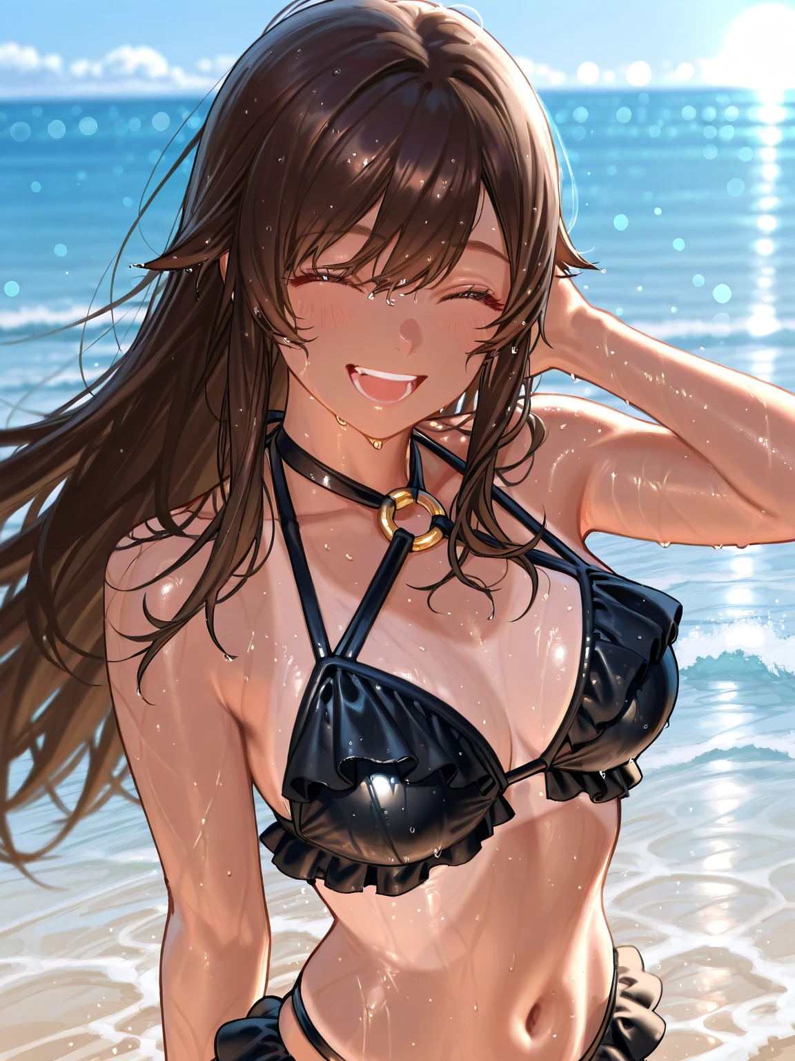 8K, (masterpiece, best quality:1.3), ((bokeh)), (short focus lens:1.4), Anime CG style, Japanese, 1 lady, medium shot, (face light:1.2), cinematic lighting, sharp focus, (Left to Right Balance), beautiful eyes, (Perfect Hands,Perfect Fingers,Perfect Limbs,Perfect Body,Correct Human Body,Perfect Image Realism,Perfect Anatomy),
(shiny skin, detailed skin),
glossy black hair, well-groomed hair, medium-length straight hair: 1.3, black eyes,
(wearing Black & Gold halter bikini top), bikini bottom, standing on a beach, photorealistic, high detail, detailed fabric texture, lovely smiling, natural pose,
(simple gold chain necklace, simple gold earrings, simple gold bracelet),
milf, glamorous body, (smile), upscale restaurant manager, confident and focused,
(beautiful scenery), summer vibes, blue ocean background, clear sky, (Luxurious hotel poolside:1.2), crystal clear water, infinity pool, panoramic view, elegant lounge chairs, tropical palm trees, high-end resort atmosphere, soft ambient lighting, photorealistic, high detail, wide-angle shot, cinematic style,
